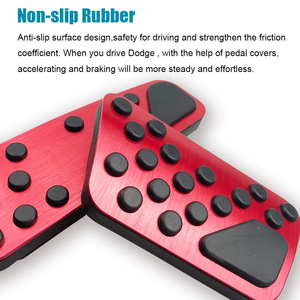 Anti-Slip Aluminum Brake Pedal Covers for Dodge Charger Challenger Chrysler 300 (2009-2023) - 2PC No Drill Performance Pedal Pad Kit - Red | Enhance Driving Safety & Comfort for Sports Cars & Daily Commute