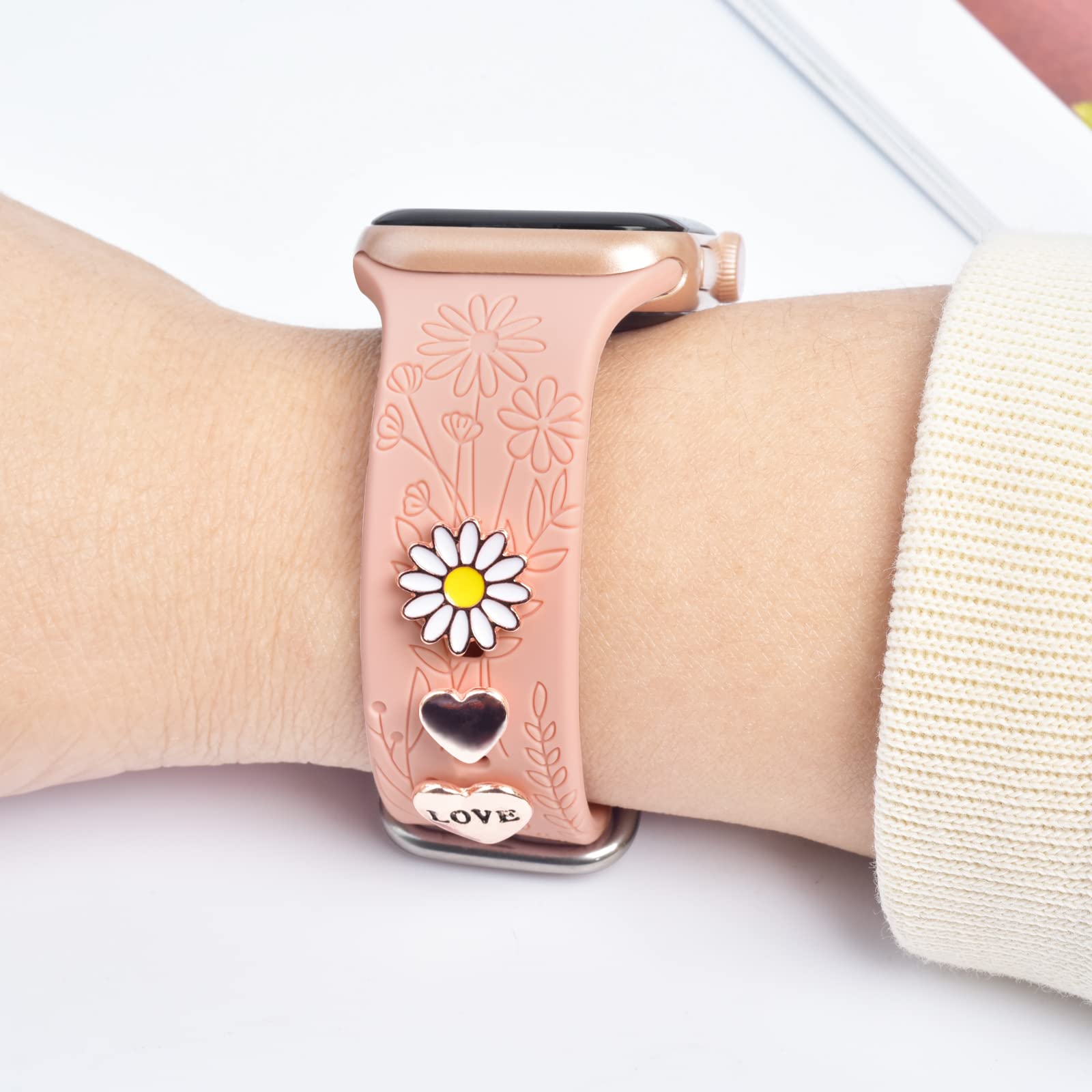 Floral Engraved Apple Watch Bands with Charms - Soft Sport Silicone Replacement Strap for iWatch Series SE/8/7/6/5/4/3/2/1 - 38mm 40mm 41mm Women's Wristbands - Perfect for Workouts, Daily Wear & Fashion Accessories