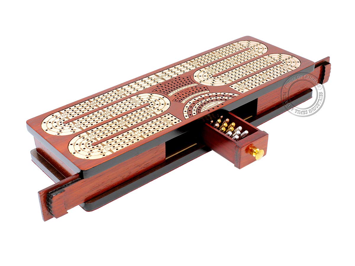 Premium Continuous Cribbage Board with 4 Tracks - Handcrafted Bloodwood & Maple Inlaid Game Box with Sliding Lids, Drawer & Scoring Fields | Perfect for Family Game Nights, Travel & Tournament Play