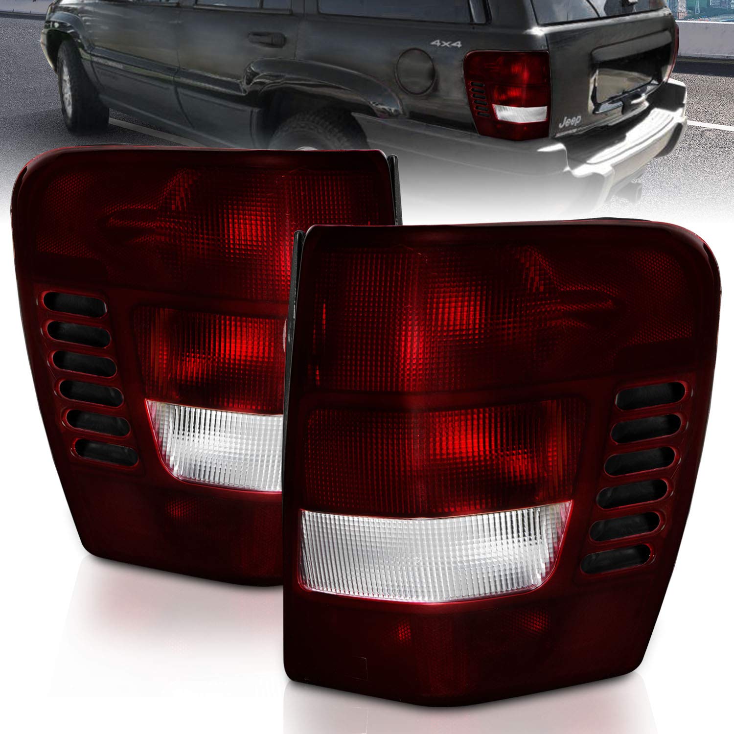AmeriLite 1999-2004 Jeep Grand Cherokee Replacement Tail Lights - Dark Red Pair (Left & Right) for Enhanced Visibility & Style - Perfect for Night Driving and Off-Road Adventures