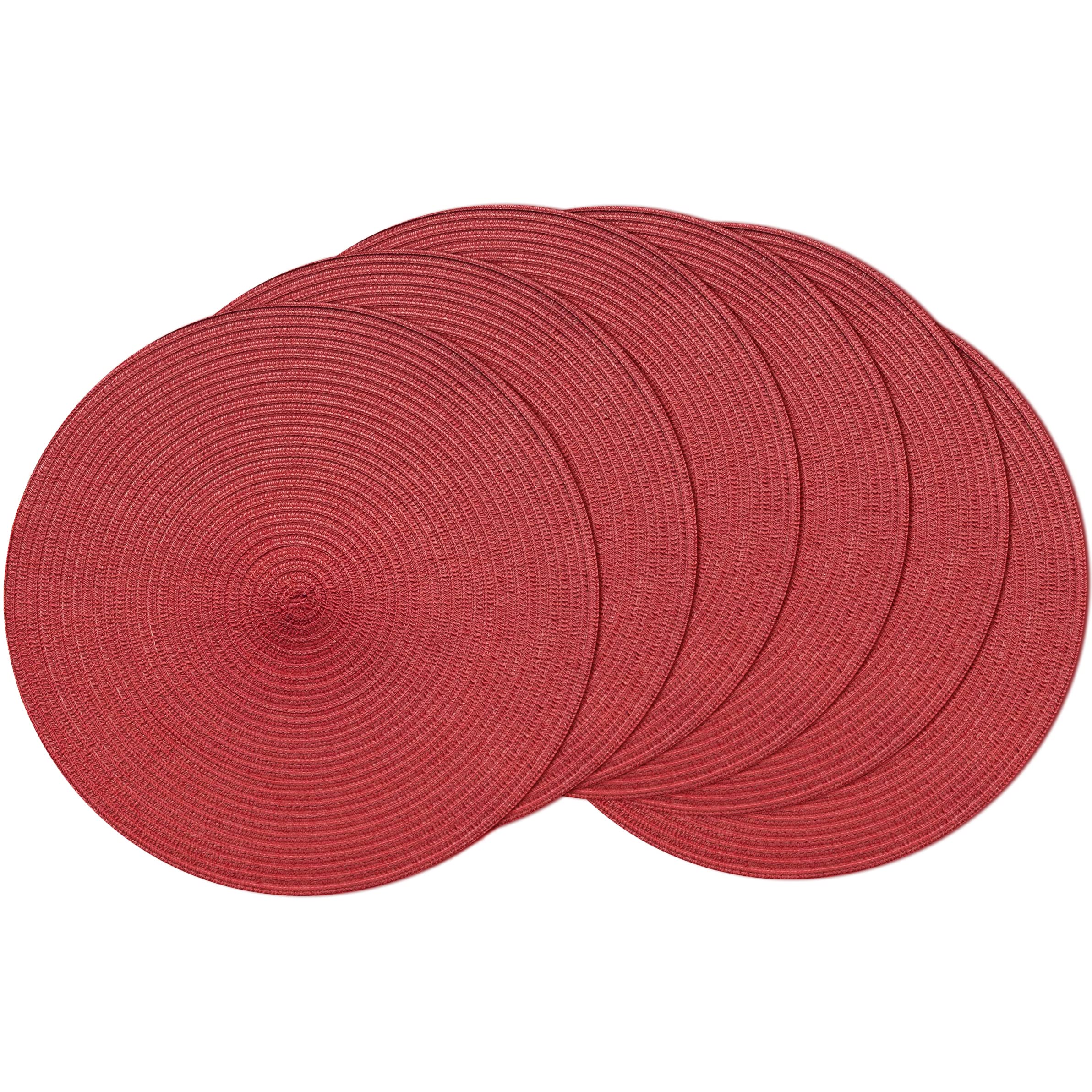 POQGLFT Set of 6 Round Braided Placemats - 15 Inch Woven Table Mats for Dining & Kitchen - Red Decorative Placemats for Round Tables - Perfect for Dinner Parties, Holiday Decor & Everyday Use