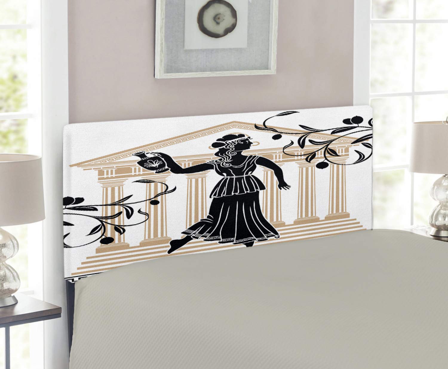 Ambesonne Retro Upholstered Headboard - Greek Woman with Amphora & Olive Branches Folk Art Design, Decorative Metal Bed Headboard with Memory Foam, Twin Size, Sand Brown & Black - Perfect for Mediterranean & Boho Bedroom Decor