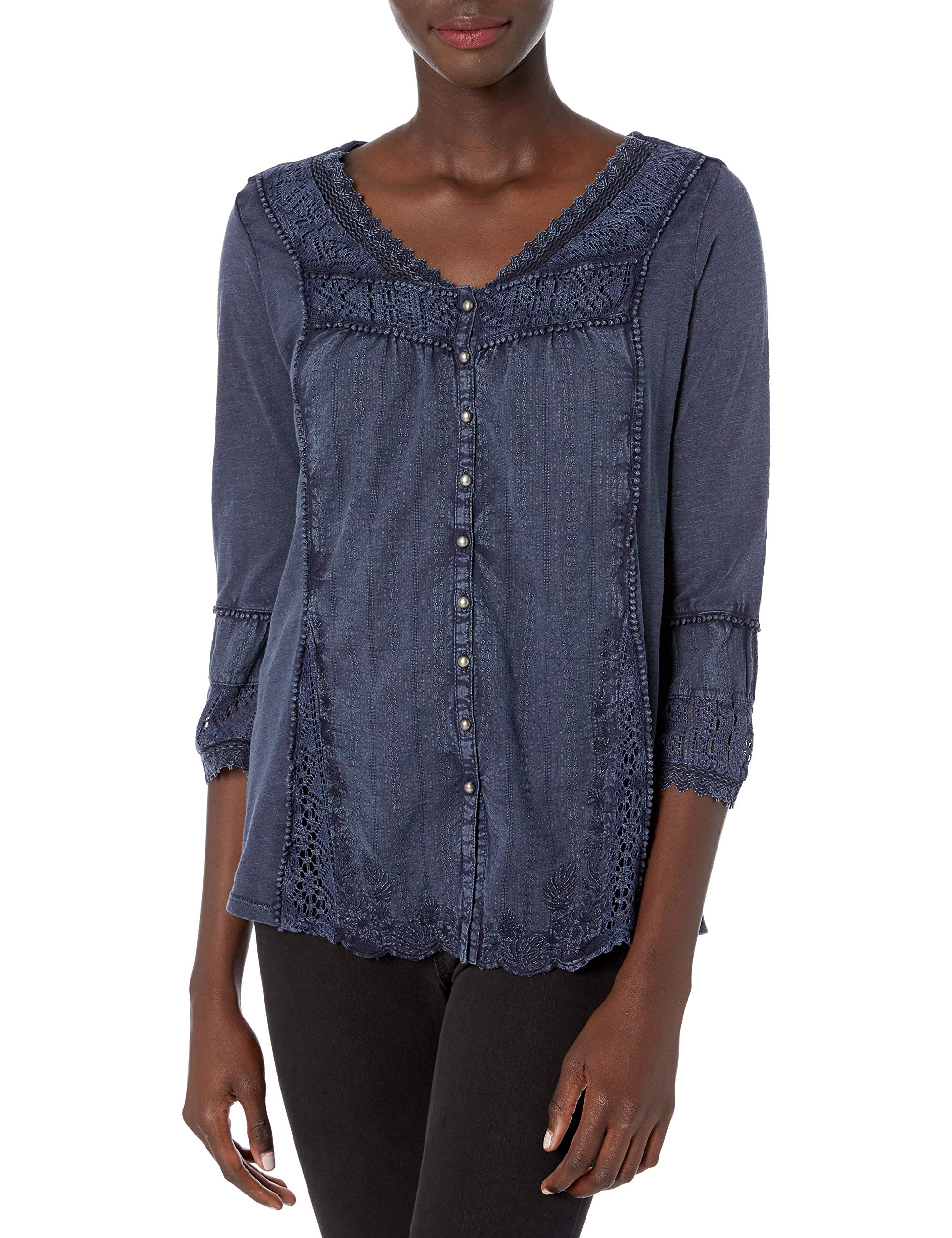 Vintage American Blues Women's Anouk Washed Knit Top with Crochet Details - Boho Chic Casual Wear for Summer & Music Festivals