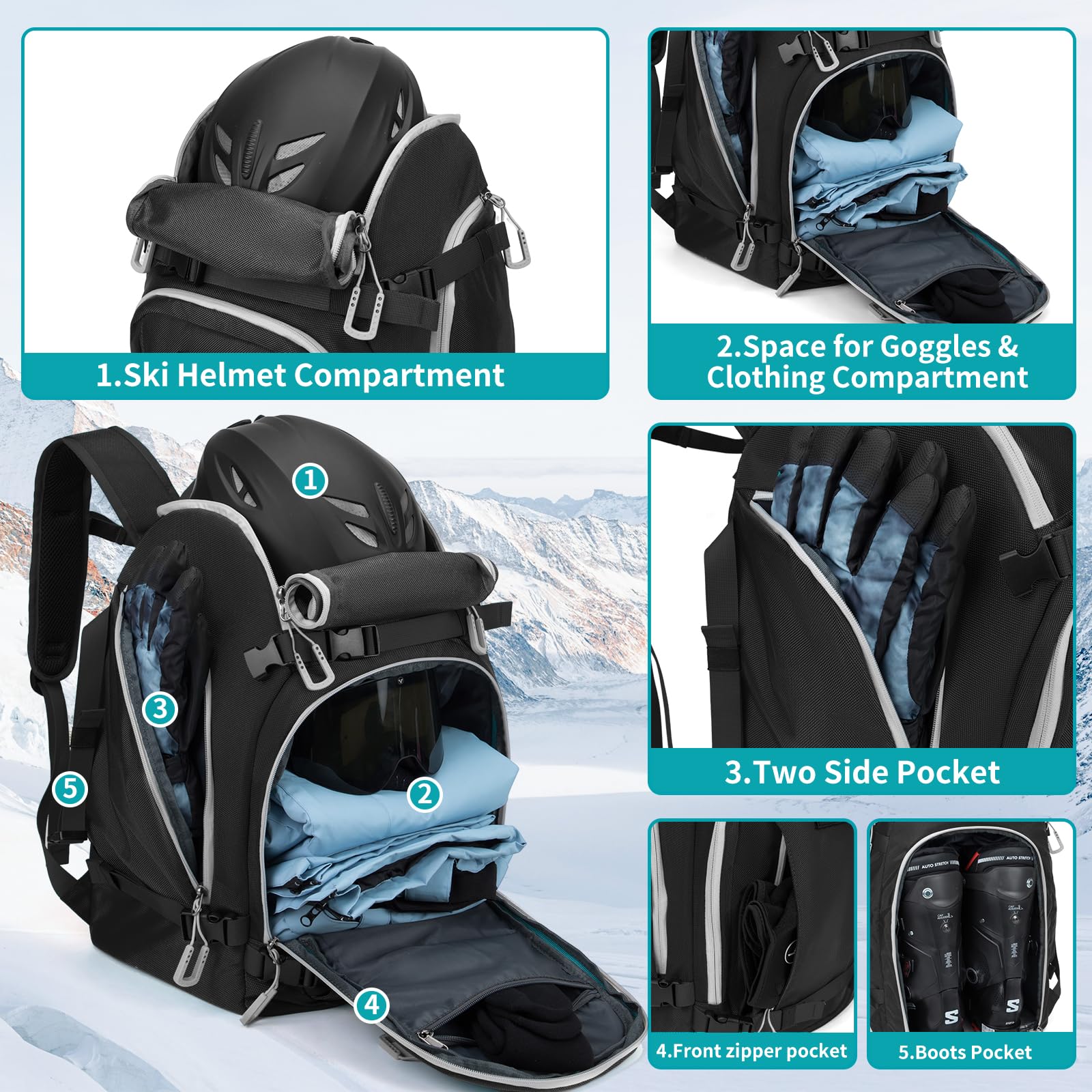 NONSAR 50L Waterproof Ski Boot Backpack - Snowboard Travel Bag for Helmet, Goggles, Gloves & Ski Accessories - Men & Women's Winter Sports Gear for Skiing, Snowboarding & Mountain Adventures