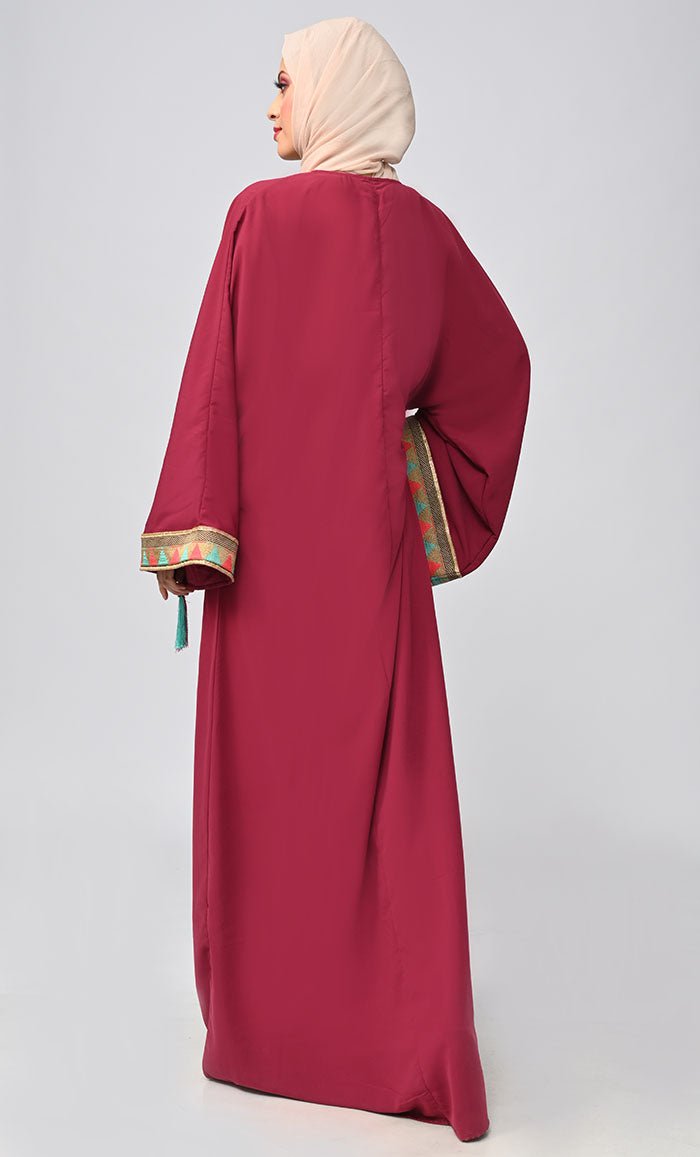 Elegant Islamic Lace Abaya with Tassels - Modest Muslim Dress for Women - Perfect for Prayer, Eid, and Special Occasions