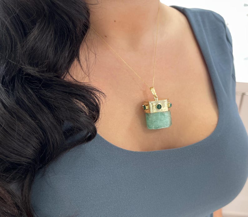 14K Gold Natural Rough Cut Hexagon Emerald Crystal Pendant - 161.23tcw, Terminated Facets - Perfect for Boho Jewelry, Spiritual Healing & Unique Gift Ideas