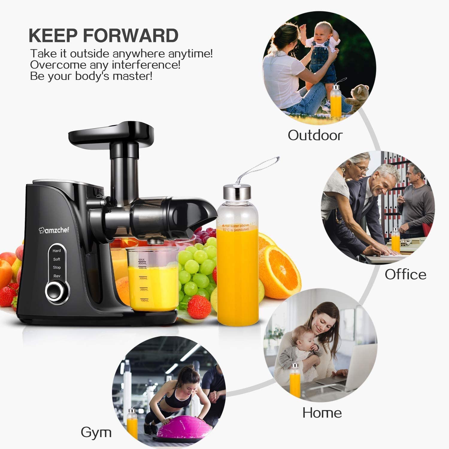 AMZCHEF Slow Juicer with 2 Speed Settings - Cold Press Juicer for Fruits & Vegetables - Quiet Motor, Easy to Clean - Perfect for Healthy Juices, Smoothies & Detox Drinks (GM3001, Black)
