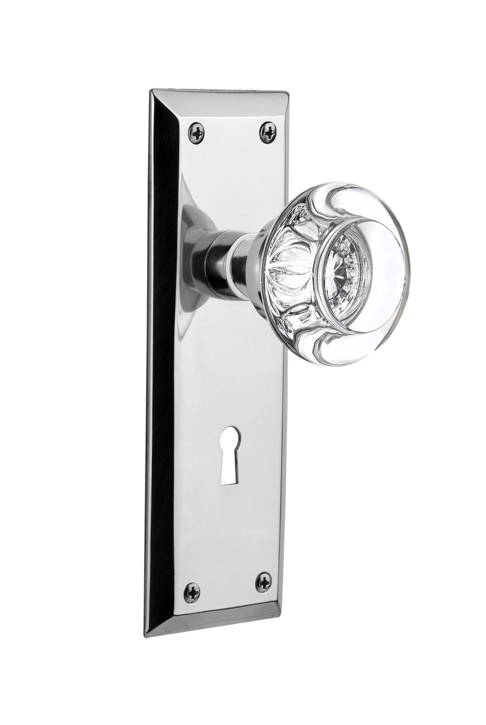 Vintage Chrome New York Plate with Keyhole & Clear Crystal Glass Knob - 2.375