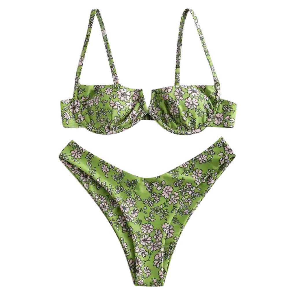 Women's Floral Print High Cut Bikini Swimwear - Plus Size Leopard Wired Swimsuit for Beach, Pool & Vacation | Sexy V-Neck Bathing Suit
