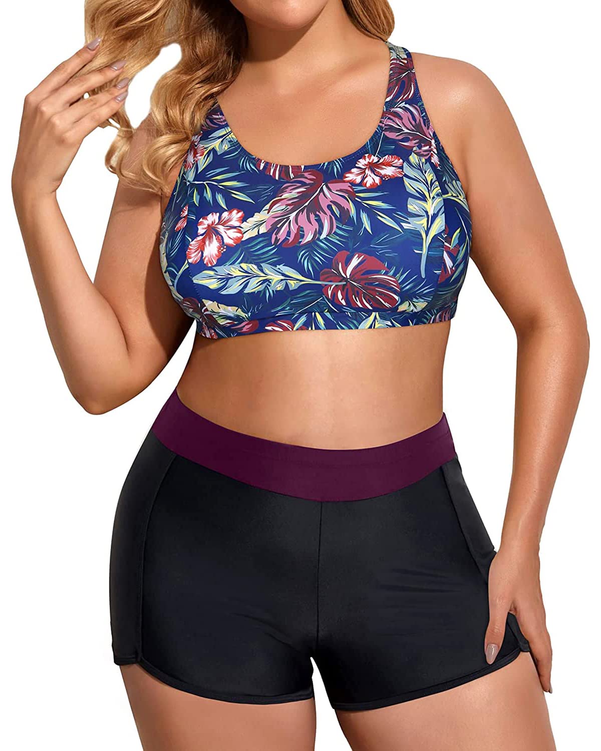 Holipick Women's Plus Size 3-Piece Tankini Swimsuits - Tummy Control Bathing Suit with Boy Shorts & Sports Bra Top - Flattering Swimwear for Beach, Pool & Vacation