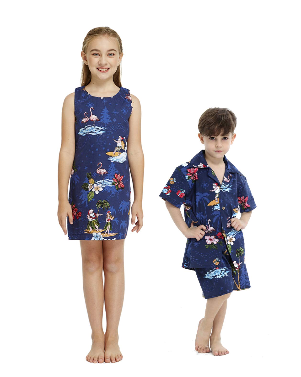 Hawaiian Luau Matching Siblings Outfit - Girl Tank Dress & Boy Shirt - Tropical Christmas Santa in Hawaii Theme - Perfect for Family Vacations, Beach Parties & Holiday Photos