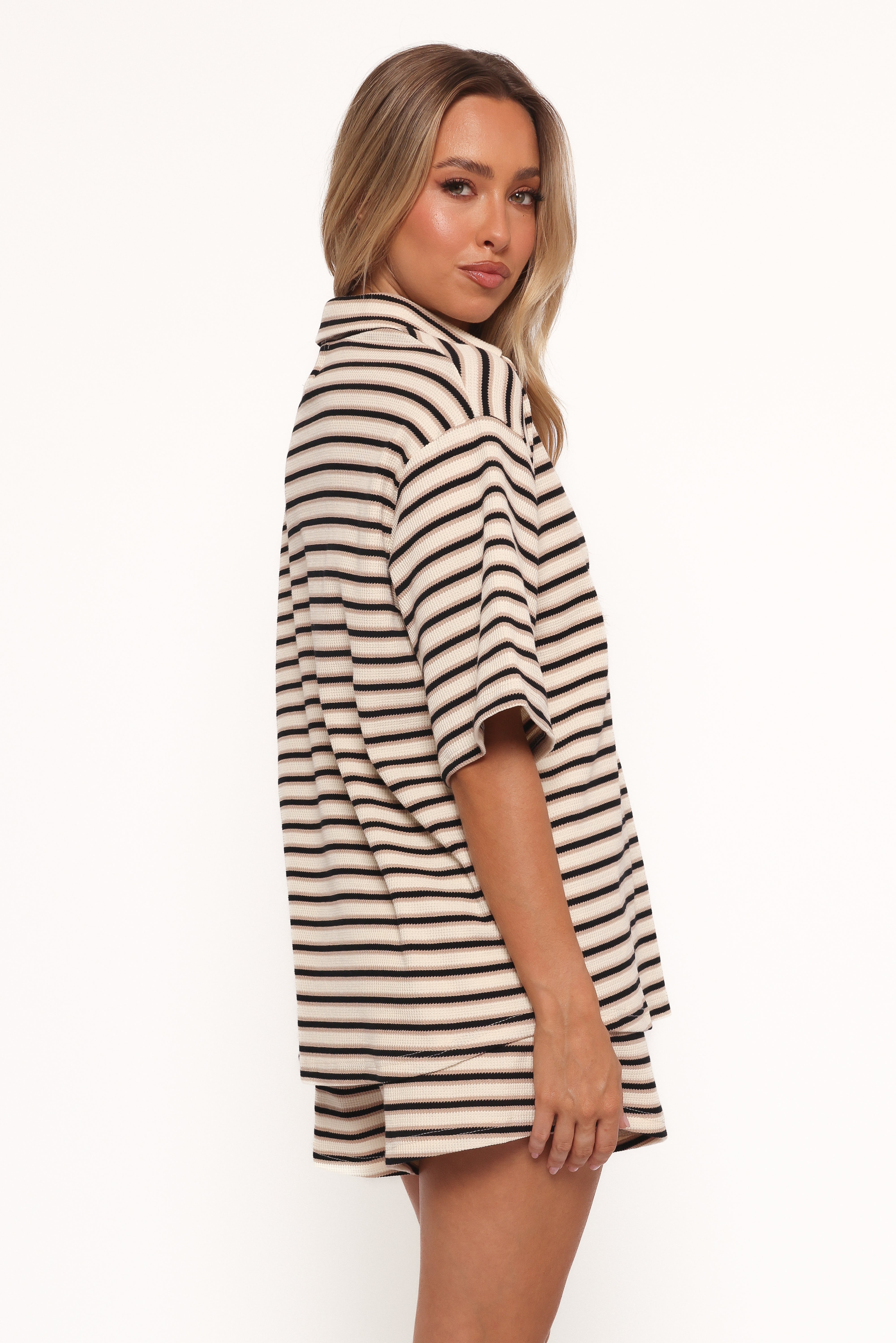Alden Cotton Knit Set - Beige & Black Striped Comfortable Lounge Wear for Women | Perfect for Home, Yoga, and Relaxation
