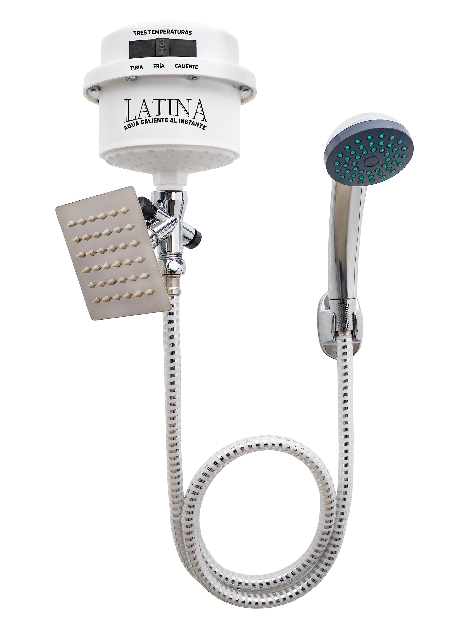 LATINA Tankless Electric Shower Heater with 3-Temperature Settings - Instant Hot Water System with Handheld Shower Head & Square Plate (120V LT13) - Perfect for Bathroom, RV, Camping & Off-Grid Living