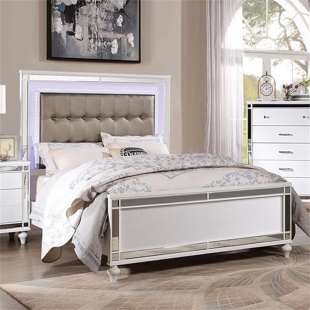 Furniture of America Xulu Contemporary Wood King Bed with LED Lights in White - Modern Bedroom Furniture for Luxurious Home Decor