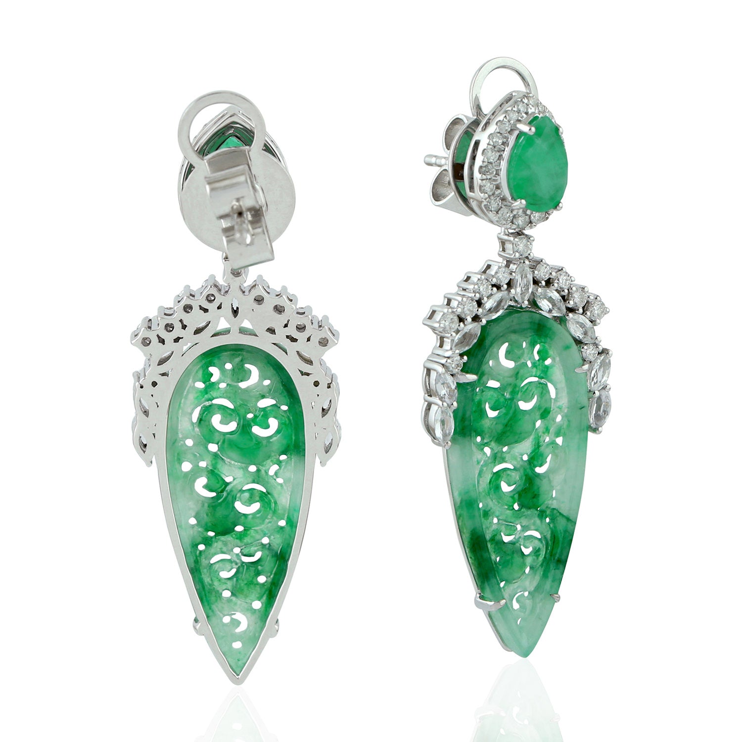 Exquisite 18K White Gold Marquise Jade & Emerald Dangle Earrings with Pave Diamonds – Perfect for Weddings, Parties & Special Occasions