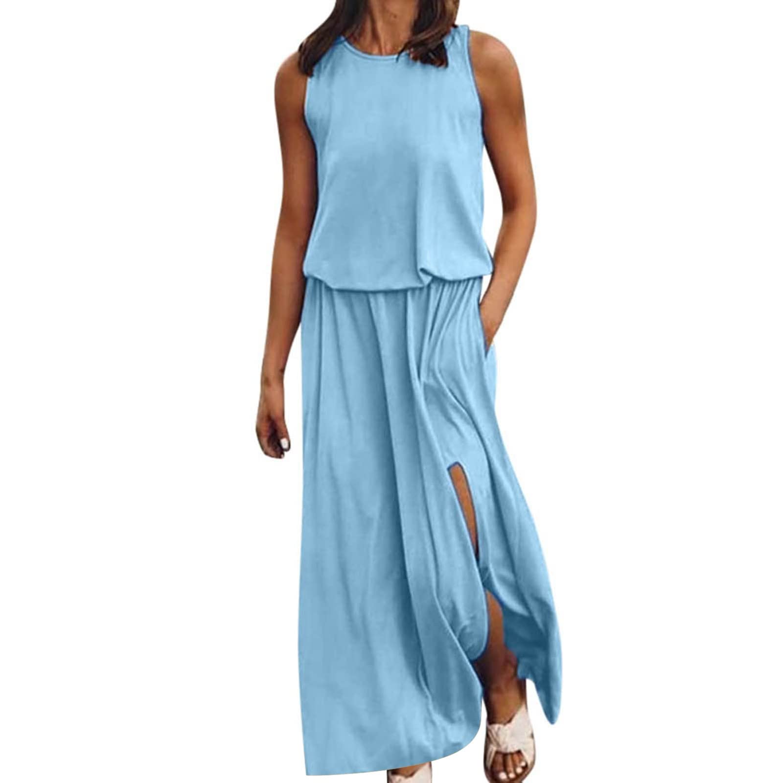 Women's Summer Casual Sleeveless Maxi Dress - Round Neck, Side Slit, Tummy Control, Bohemian Style (Blue, Size S) | Perfect for Beach Vacations, Date Nights & Summer Parties