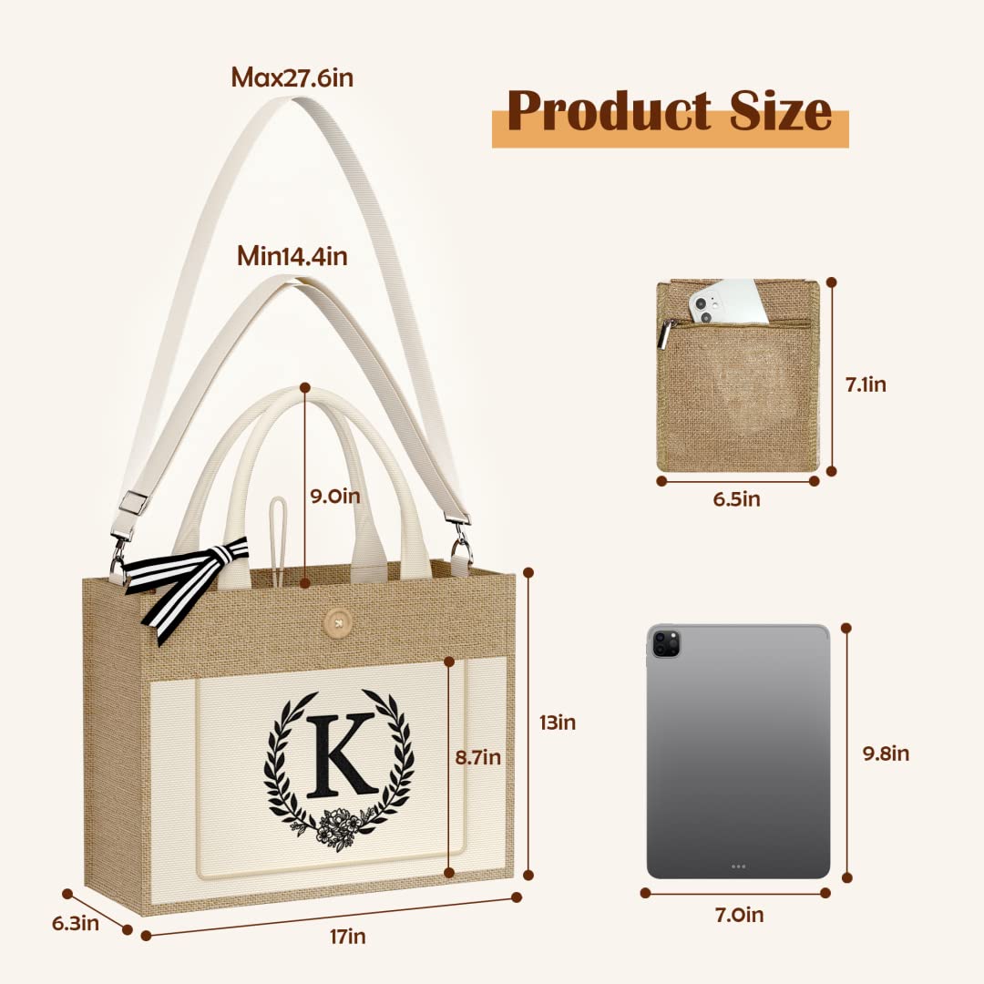 Personalized Initial Jute Tote Bag for Women - Reusable Grocery Bag with Zipper Pocket & Adjustable Strap - Great Birthday Gift for Coworkers, Teachers, Hostess & Bridal Shower (Letter H) - Perfect for Shopping, Beach Trips & Daily Commute