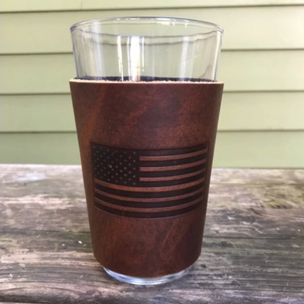 Patriotic Embossed Leather American Flag Beer Coozie & Pint Glass Set - Perfect for BBQs, Tailgating, and 4th of July Celebrations