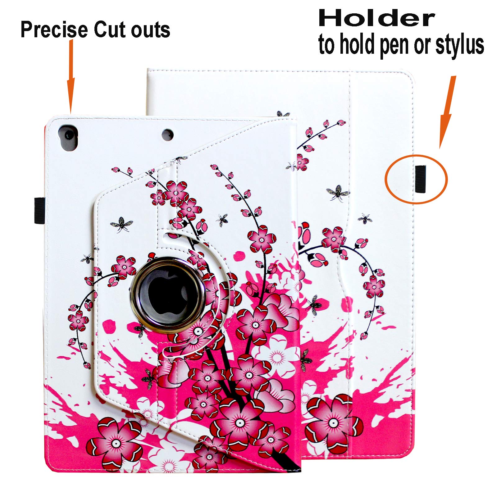 Premium 360° Rotating Smart Cover Case for iPad 9.7 (2018/2017) & iPad Air 1/2 - Multi-Angle Stand with Storage Pocket & Apple Pencil Holder | Auto Wake/Sleep Function | Perfect for Work, Study & Travel (Pink Floral Design)