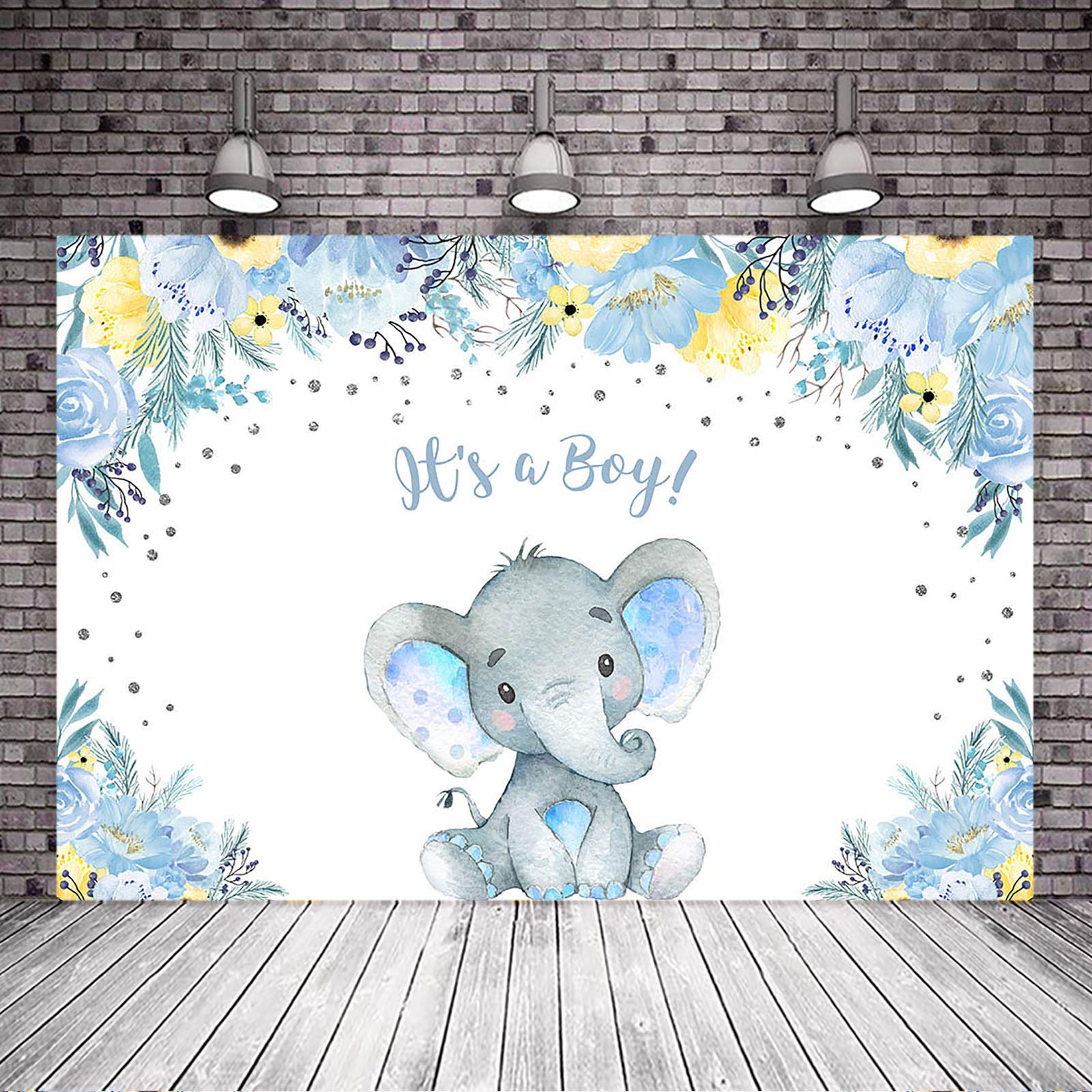 Avezano Blue and Yellow Floral Elephant Baby Shower Backdrop with Silver Dots - 10x8 ft Nursery Decor for Gender Reveal, First Birthday Party, Newborn Photography Background