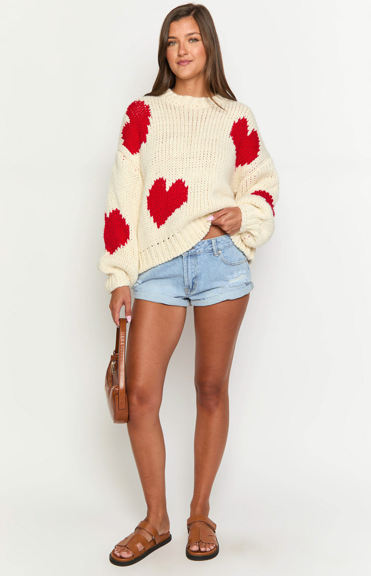 Chandi Cream Heart Chunky Knit Sweater for Women - Cozy Oversized Winter Pullover with Heart Design - Perfect for Christmas, Valentine's Day & Casual Outings
