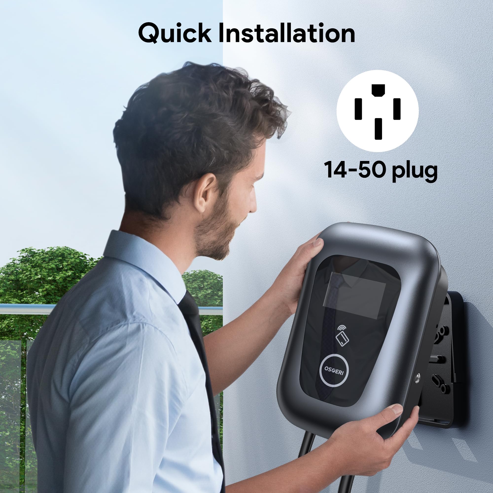 Osoeri 48A Level 2 Smart EV Charger - 240V 11.5KW J1772 Electric Vehicle Charging Station with APP Control & RFID Cards - NEMA 4 Rated Indoor/Outdoor - 24ft Cable - Perfect for Home, Office & Public Parking Charging Needs