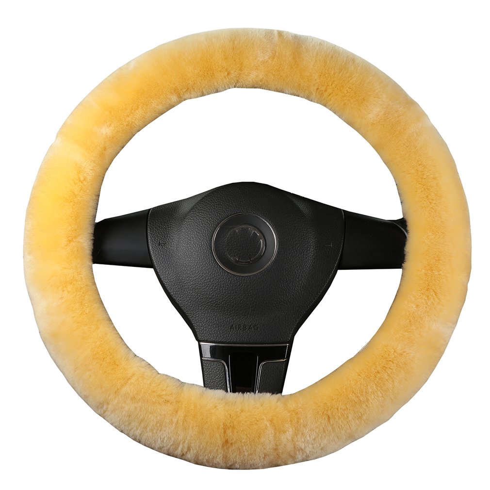Dotesy Genuine Sheepskin Steering Wheel Cover Set - 3 Piece Auto Accessories (15 Inch, Beige) | Premium Australian Wool Car Steering Wheel Protector with Gear Shift & Handbrake Cover | Universal Fit for Most Vehicles | Perfect for Winter Warmth & Luxury Driving Comfort