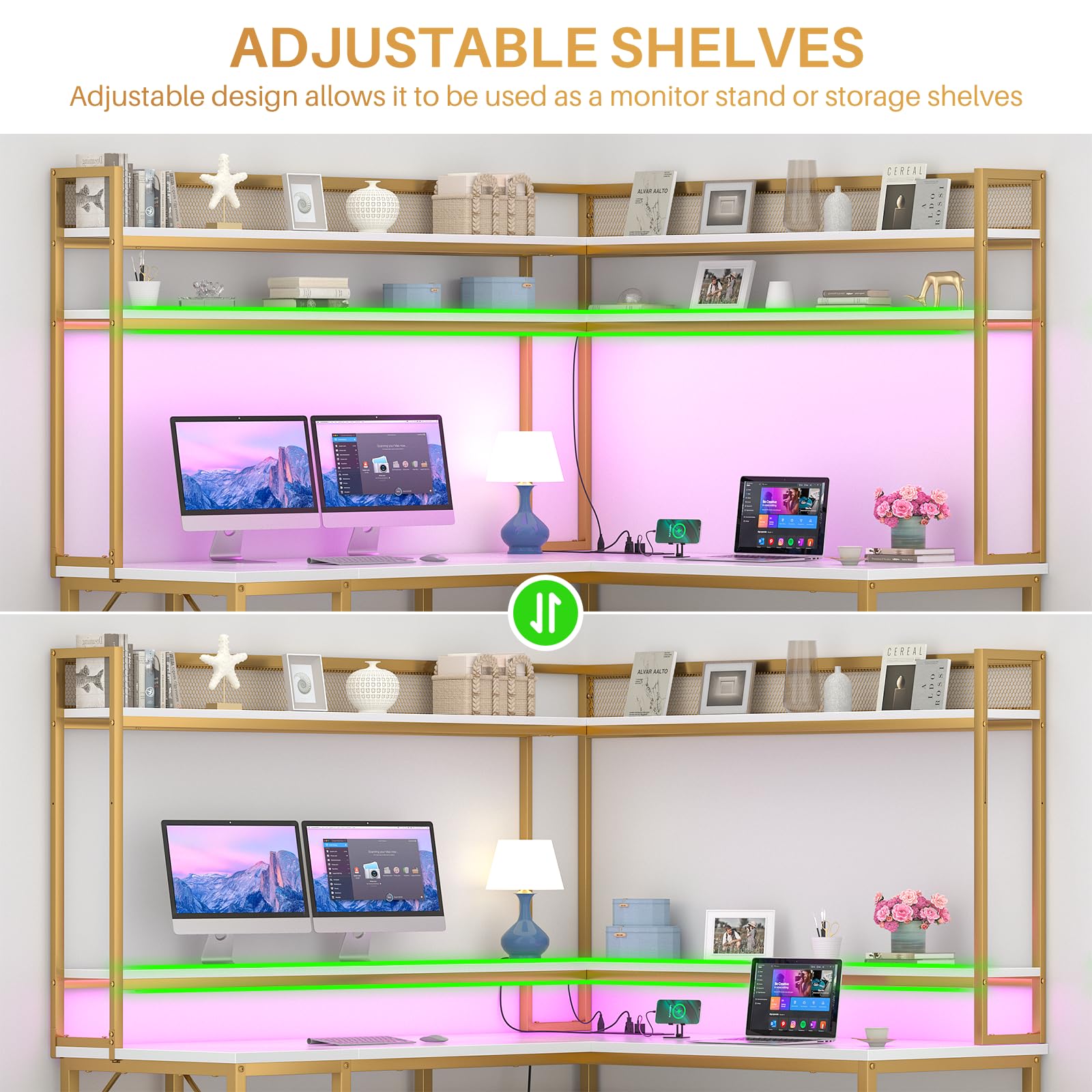 Unikito L-Shaped Gaming Desk with LED Lights - Reversible Computer Desk with Storage Shelves & Monitor Stand, Power Outlet - Industrial Style 2-Person Corner Desk for Home Office (White Oak) - Perfect for Gamers, Streamers & Remote Workers