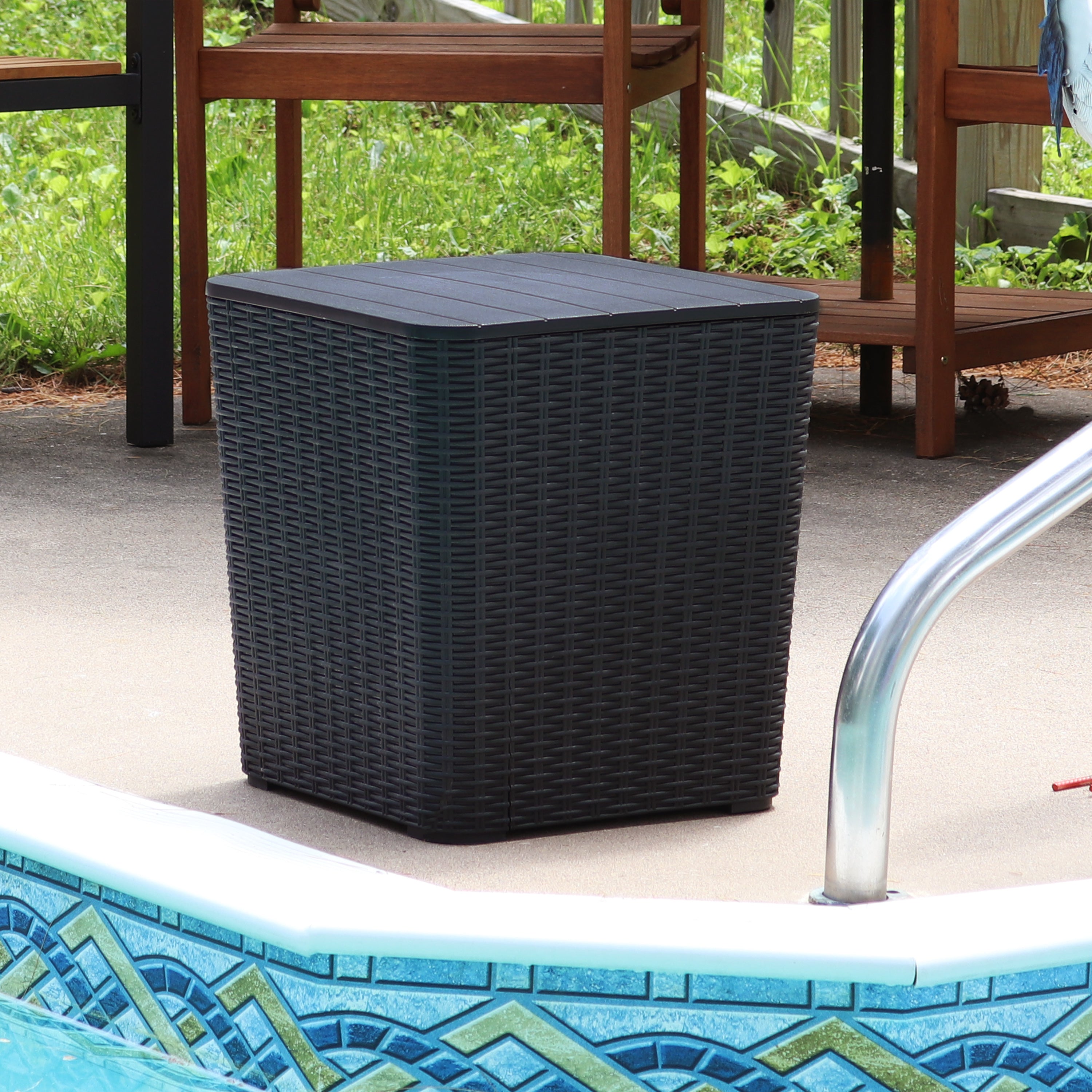 Sunnydaze Outdoor Side Table with Storage - Rattan Design, 11.5 Gallon Capacity - Perfect for Patio, Garden, Poolside & Balcony Decor