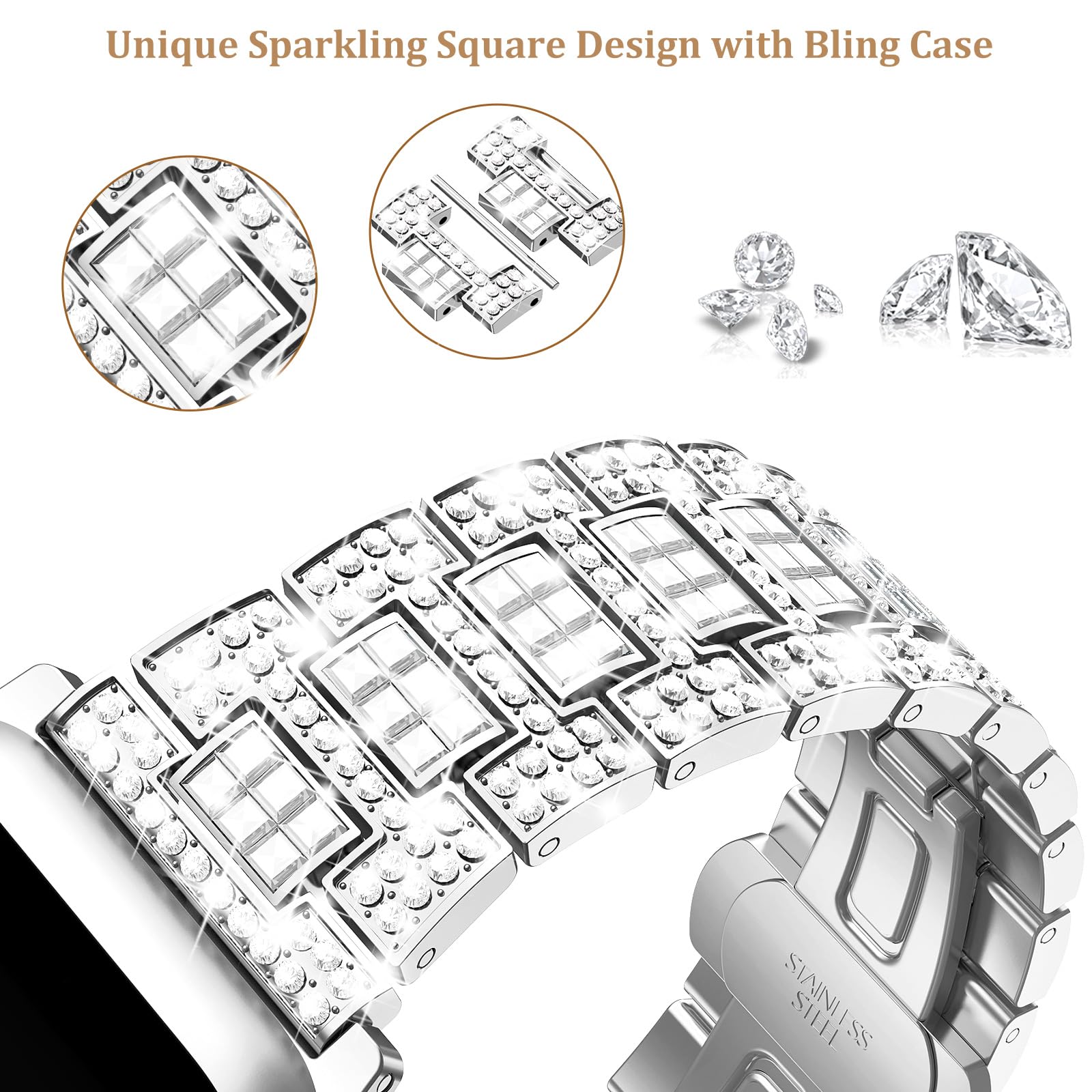 Sparkling Luxury Diamond Apple Watch Band for Women - Compatible with iWatch SE Series 10/9/8/7/6/5/4 & 40/41/42/44/45/46mm - Shiny Metal Case & Charming Strap for Daily Wear, Workouts & Special Occasions