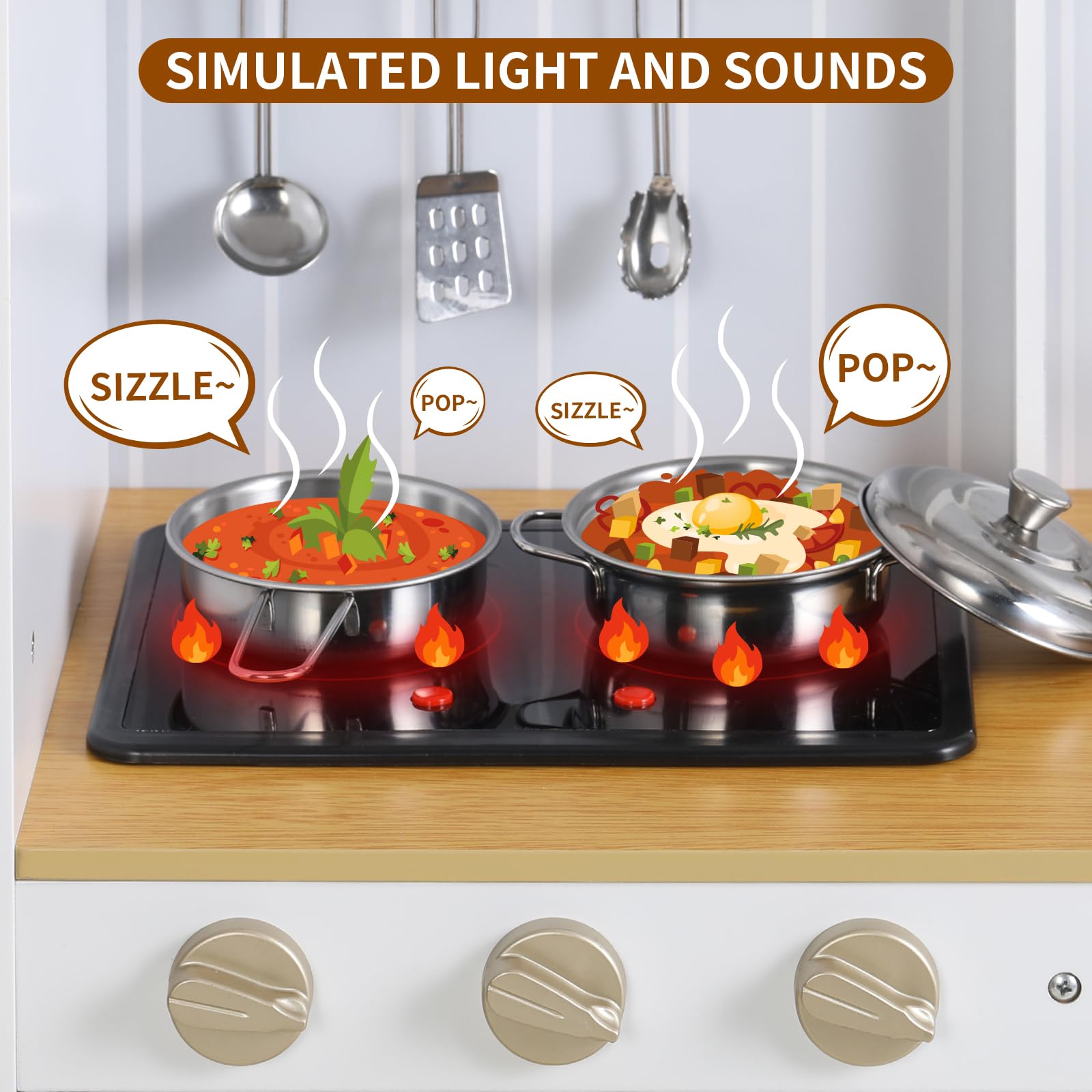 **Arlopu Wooden Play Kitchen for Kids - Pretend Cooking Set with Realistic Light & Sound, Stove, Fridge, Microwave & Removable Sink - Interactive Toy Kitchen for Toddlers & Preschoolers (White) - Perfect for Role Play, Birthday Gifts & Indoor Pretend Play**