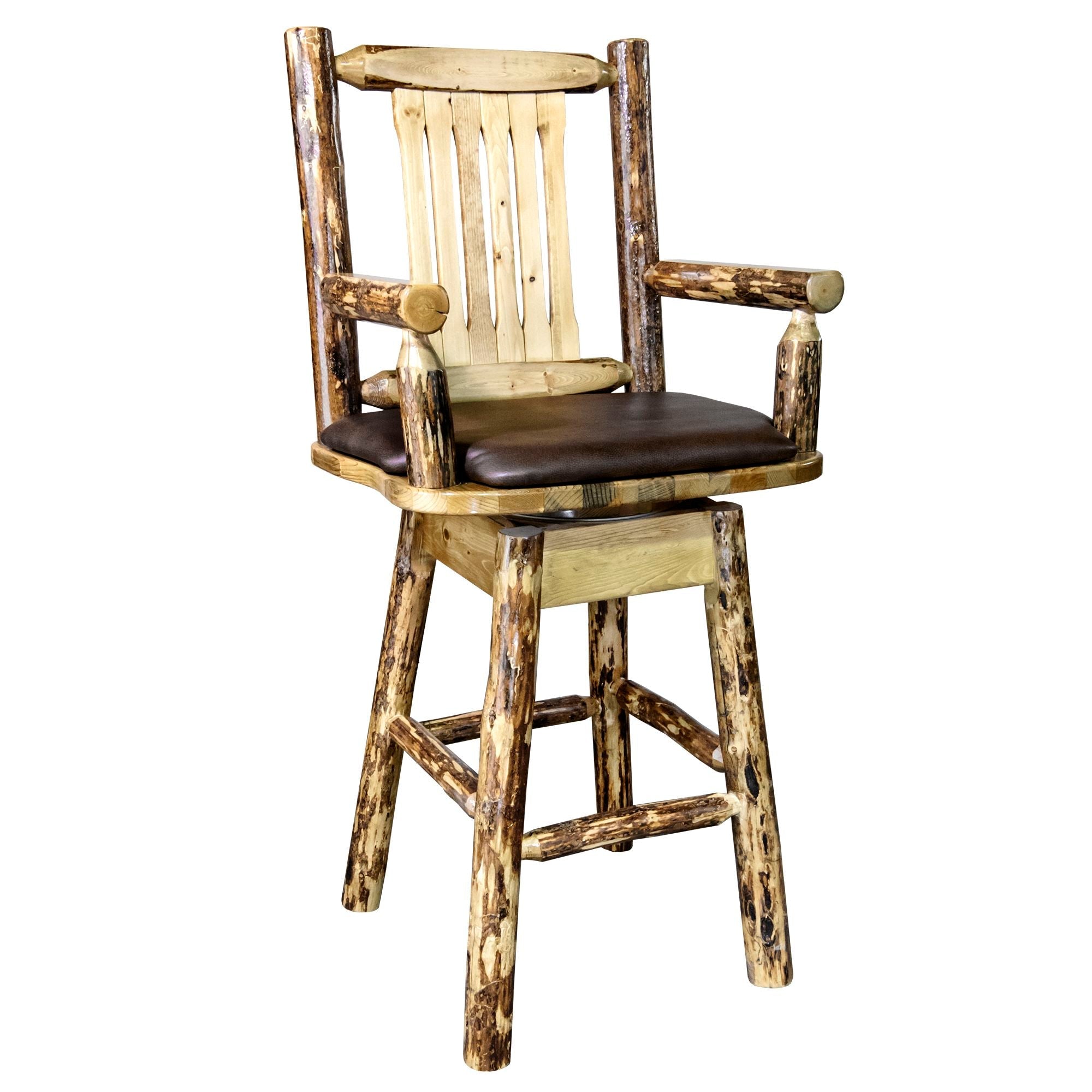 Glacier Country Captain's Bar Stool with Swivel & Upholstered Saddle Seat - Rustic Wood Bar Height Stool for Kitchen Island, Home Bar, and Pub Decor