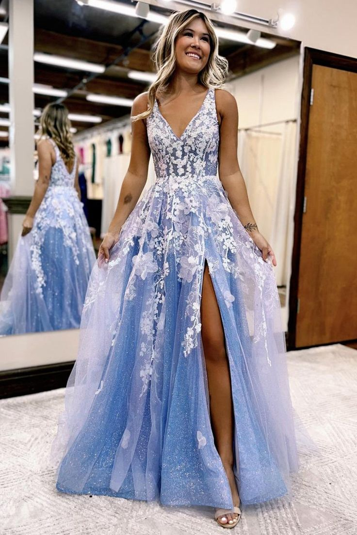 Elegant Blue A-Line V-Neck Long Prom Dress with Slit & Applique - Perfect for Evening Gala, Homecoming, and Formal Events