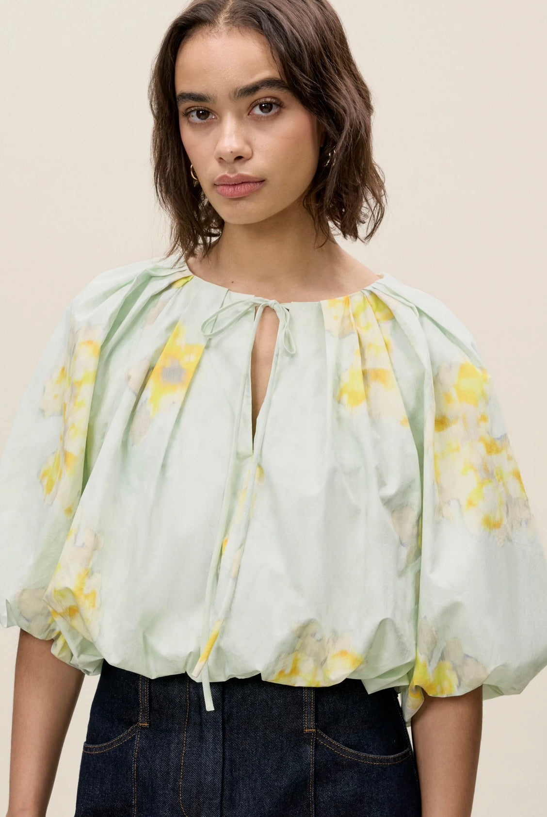Yara Poplin Bubble Top in Sage Combo - Women's Fashion Blouse for Casual Wear, Date Night & Summer Outfits
