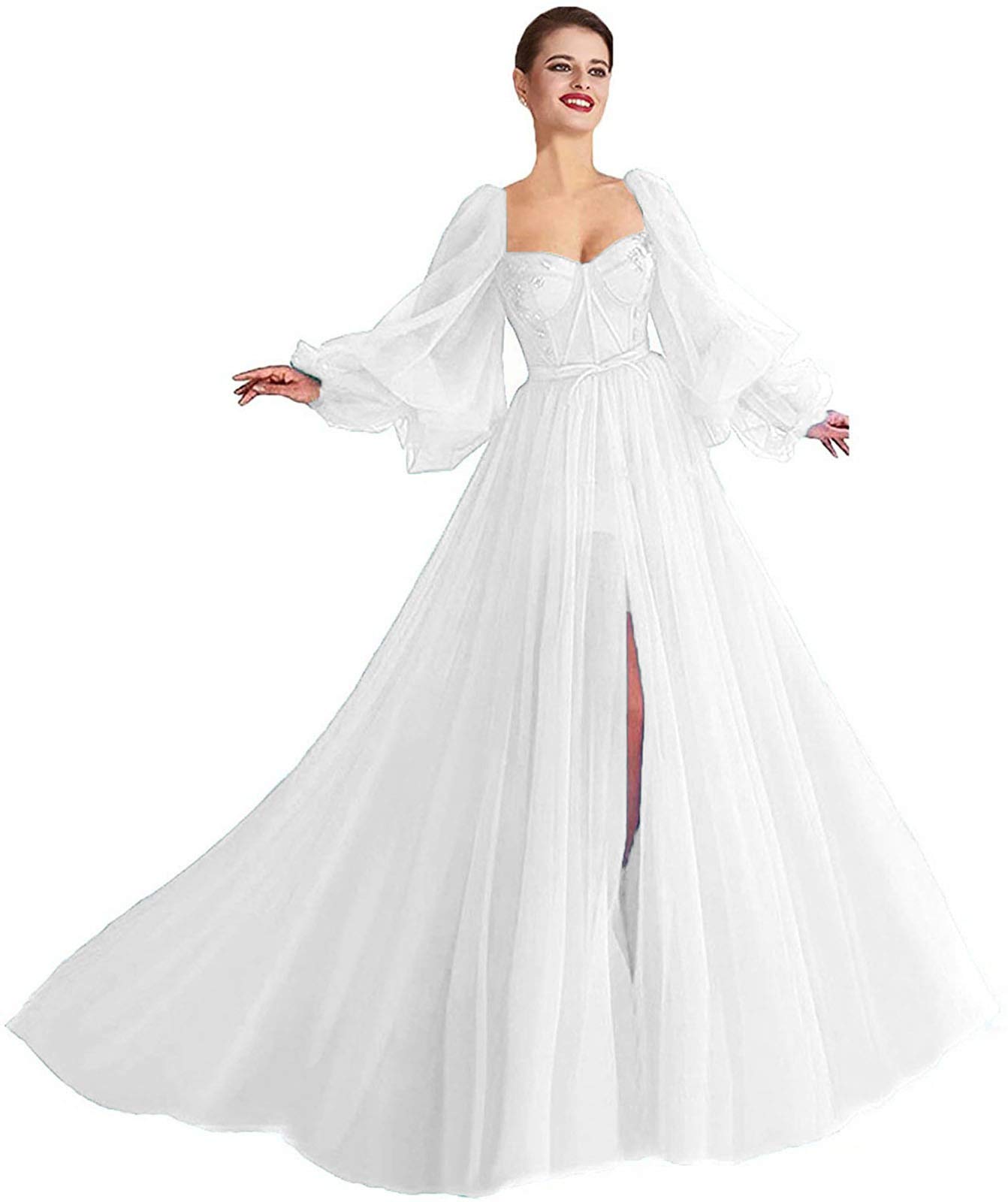 Elegant Women's Long Puffy Sleeve Prom Dress with Split & Pleated Tulle - Formal Evening Ball Gown for Homecoming, Wedding, Party & Special Occasions