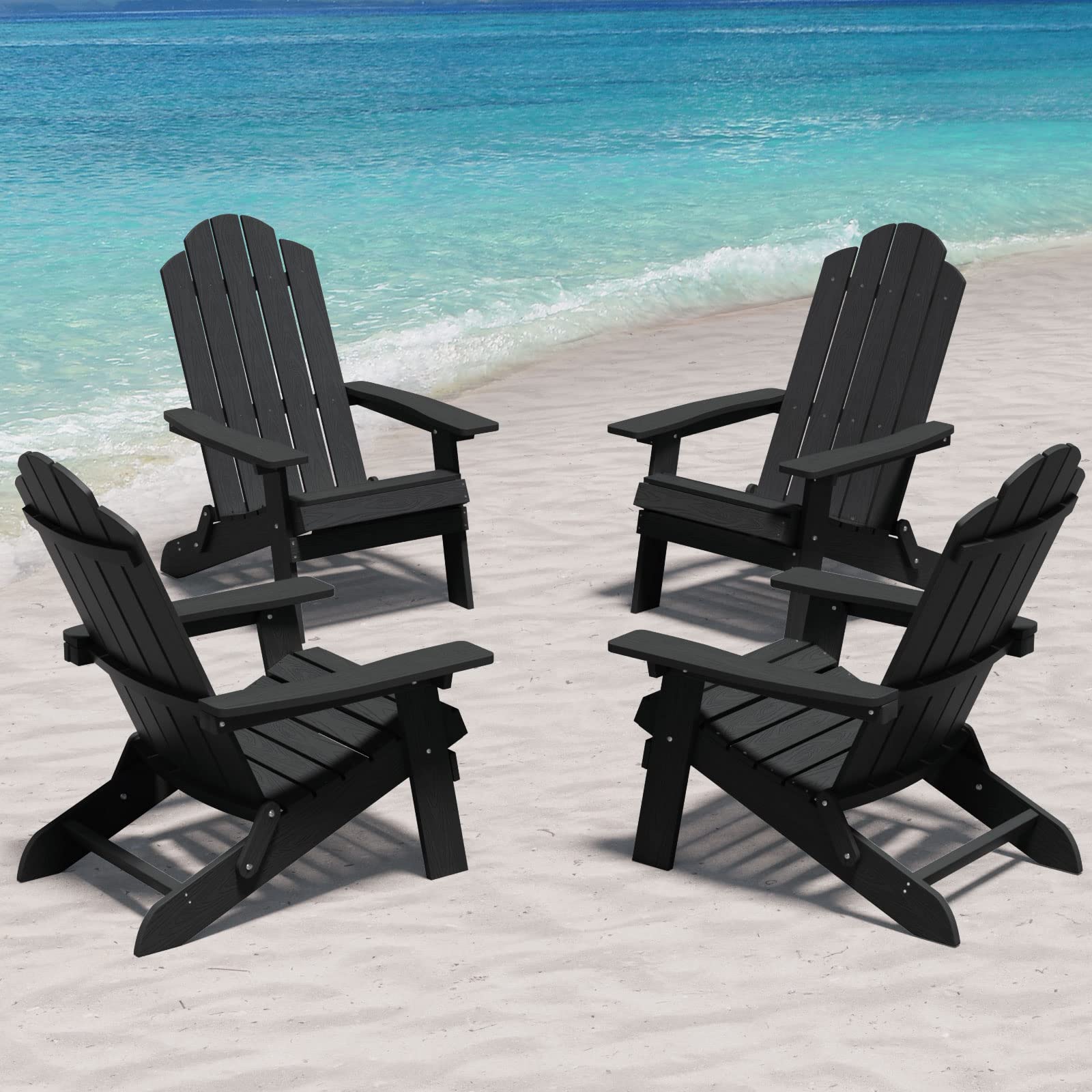 MXIMU 4-Piece Folding Adirondack Chair Set - Durable Plastic Outdoor Chairs for Lawn, Backyard, Deck, Garden & Camping - Fire Pit Seating - Black (Perfect for Relaxing, Entertaining & Outdoor Gatherings)