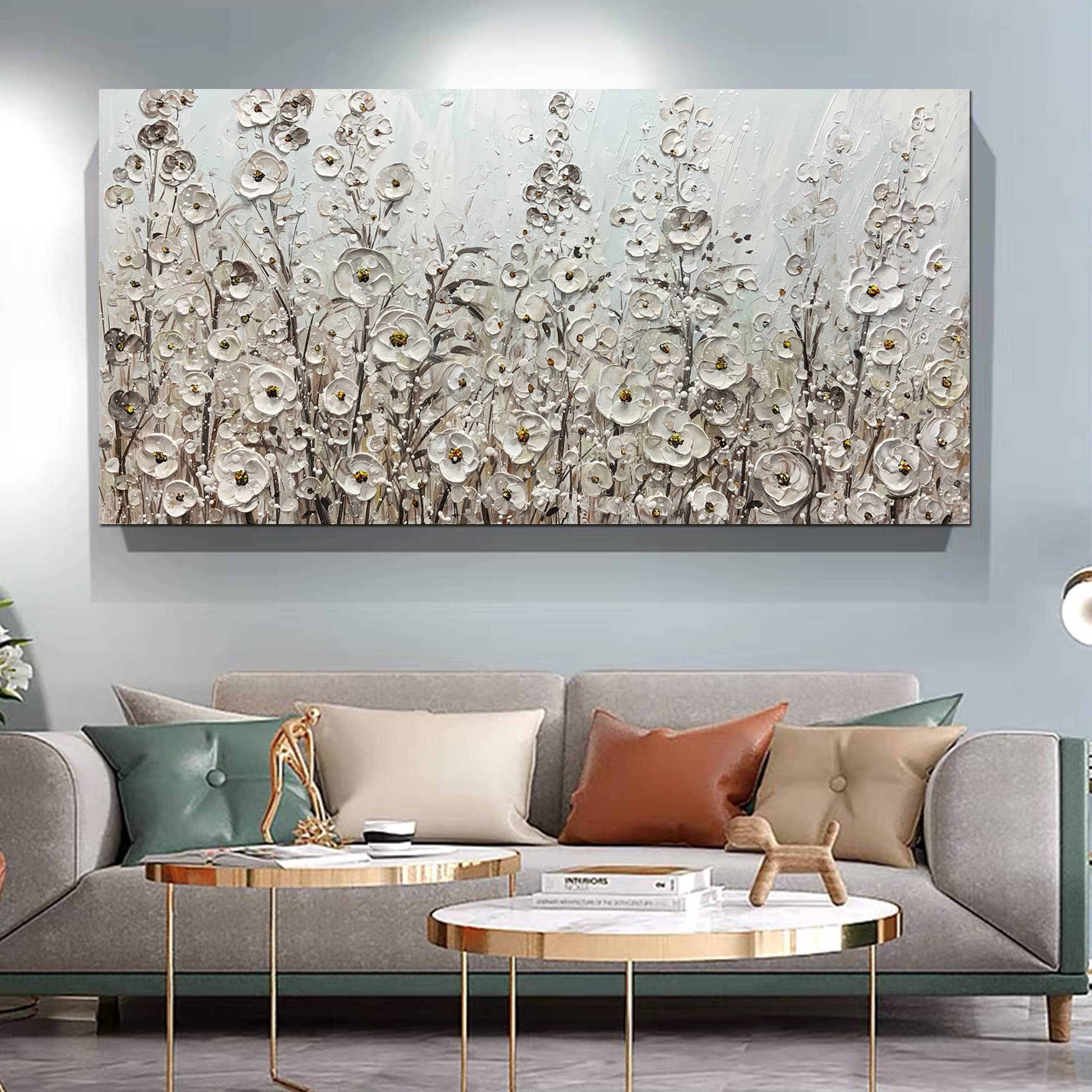Yotree 24x48 Inch Hand-Painted White Flowers Oil Painting on Canvas - Framed Modern Floral Wall Art for Living Room & Bedroom Decor - Ready to Hang Gallery Wrapped Artwork - Perfect for Home, Office & Wedding Gift