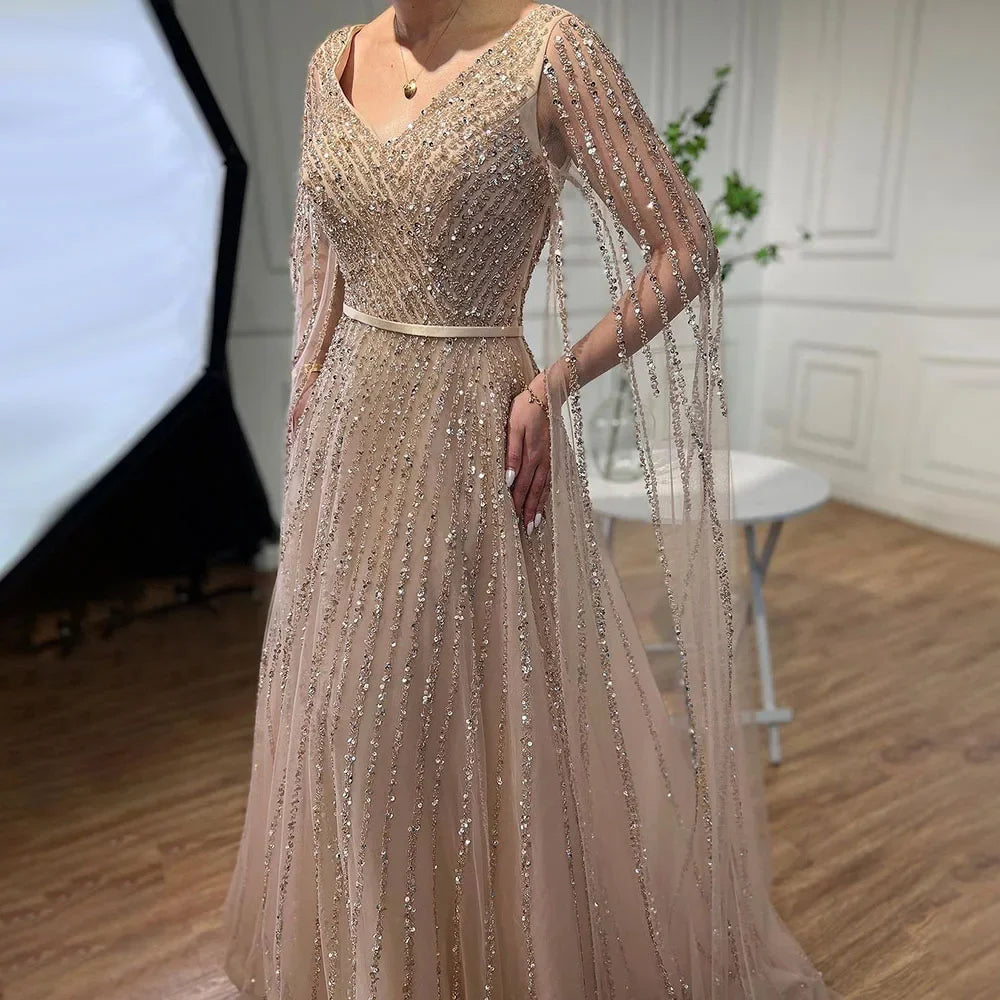Elegant Beaded A-Line Dubai Evening Gown with Cape Sleeves - Luxury 2025 Celebrity Party Dress for Women - Perfect for Red Carpet Events, Galas, and Formal Occasions