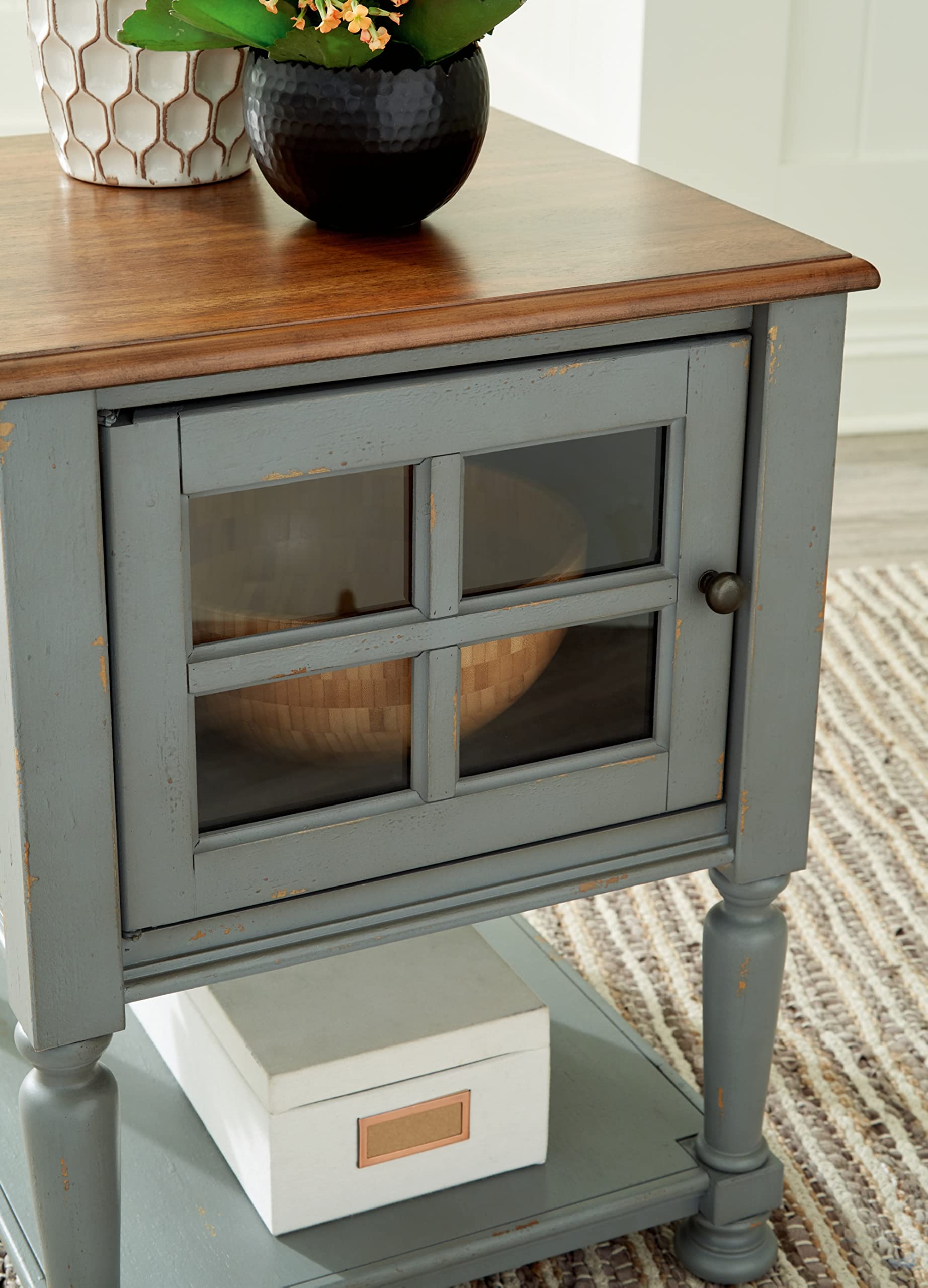 Signature Design by Ashley Mirimyn Farmhouse Accent Cabinet End Table - Gray & Brown Wood Nightstand for Living Room, Bedroom & Entryway Storage