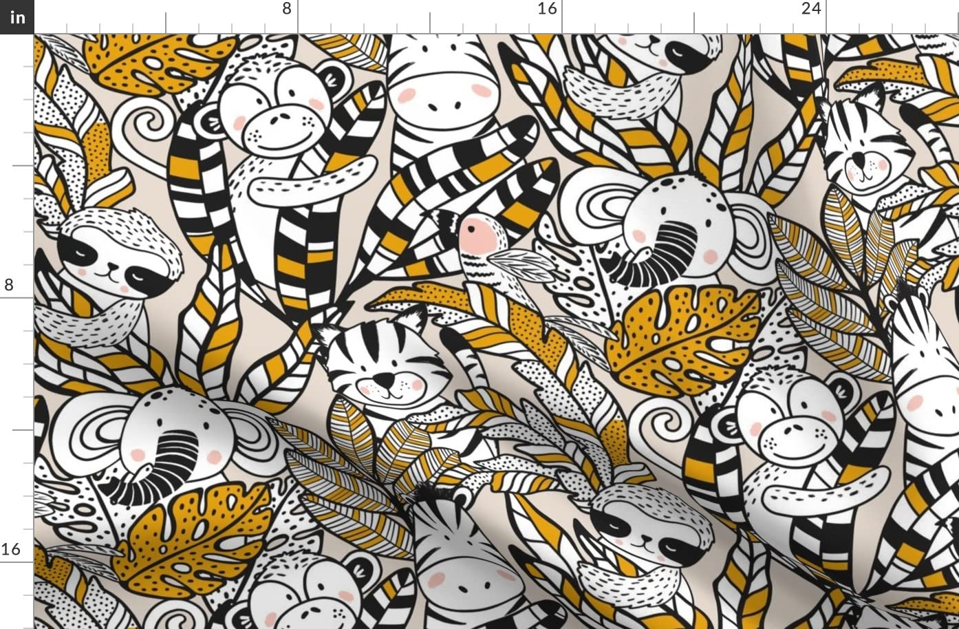 Jungle Animals Printed Organic Cotton Sateen Fabric - Gender Neutral Zebra Monkey Elephant Tropical Design for Sewing, Quilting, Apparel & Home Decor | Perfect for Baby Clothes, Curtains & DIY Crafts