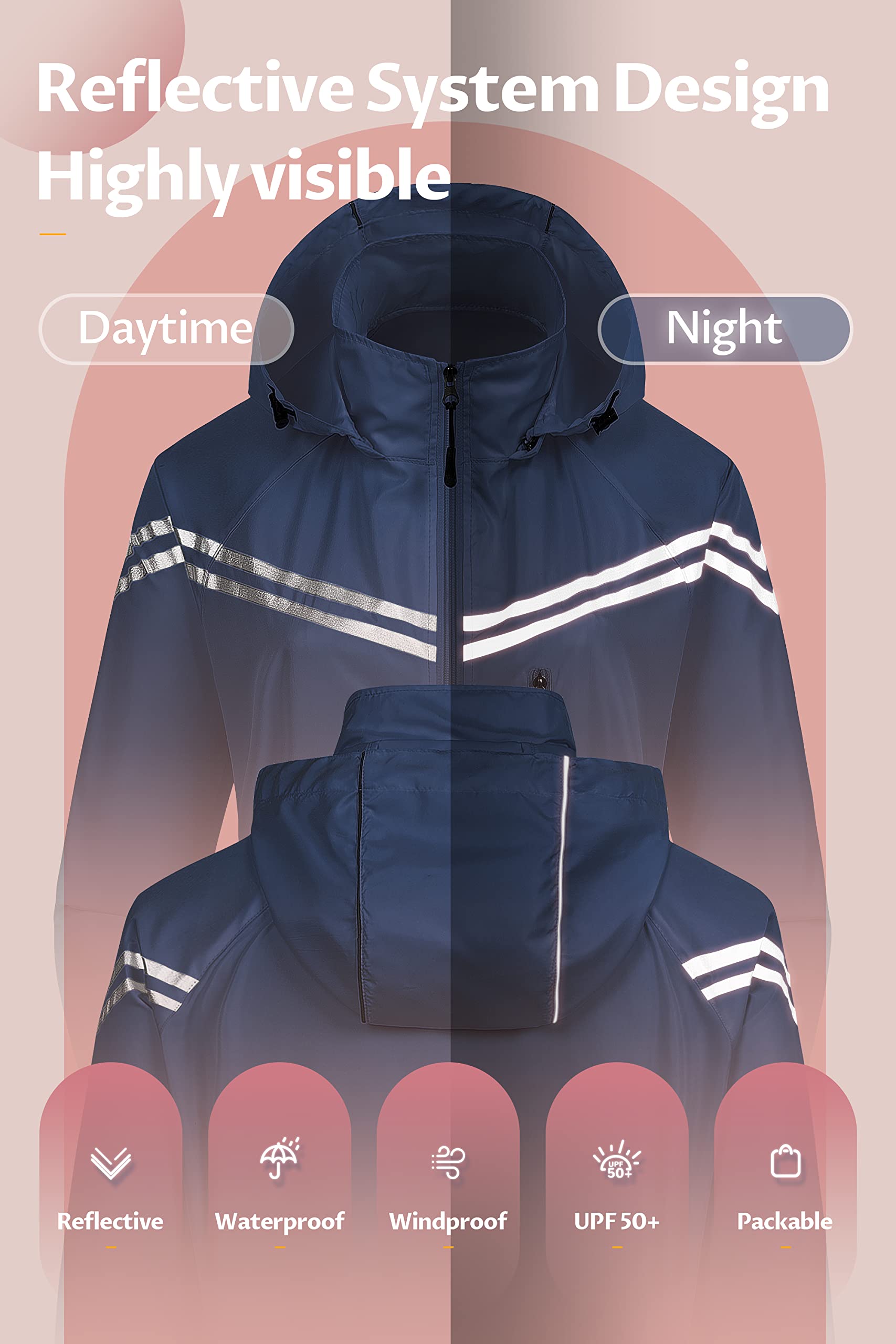 CREATMO Women's Lightweight Waterproof Running Jacket - Reflective Windbreaker with Detachable Hood for Cycling, Hiking & Outdoor Activities | Packable Raincoat for Travel & Commuting