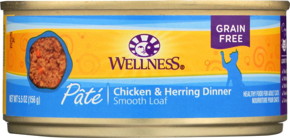 Premium Grain-Free Wellness Canned Cat Food - Chicken & Herring Recipe (25.5oz, Pack of 24) - High Protein Wet Food for Adult Cats, Kittens & Senior Cats - Perfect for Mealtime, Weight Management & Picky Eaters