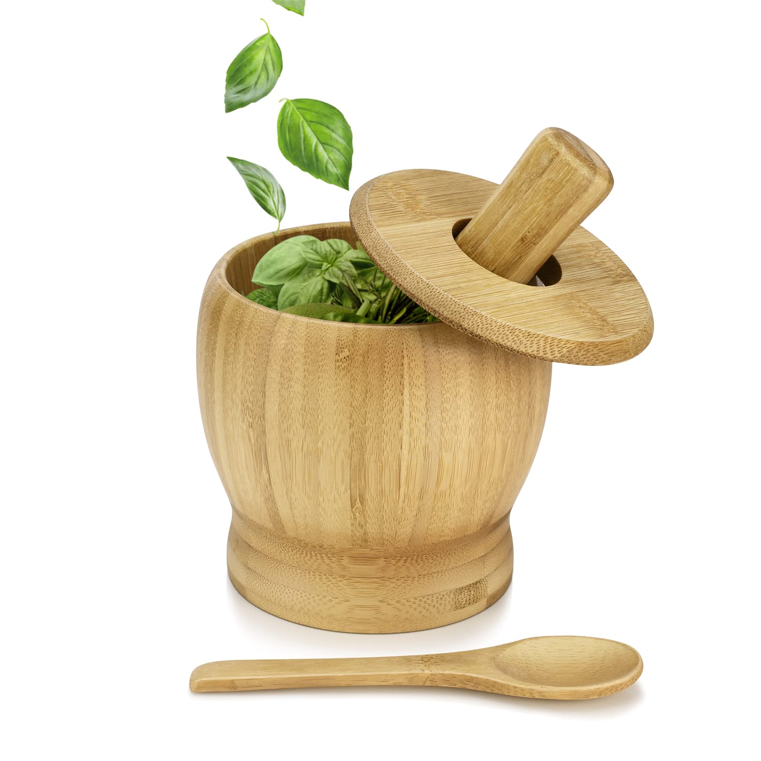 Premium 5-Inch Bamboo Mortar and Pestle Set - Natural Wooden Molcajete for Grinding Herbs, Spices, Garlic & Pills - Includes Lid & Spoon - Perfect for Guacamole, Cocktails, Ayurvedic Medicine & Kitchen Use