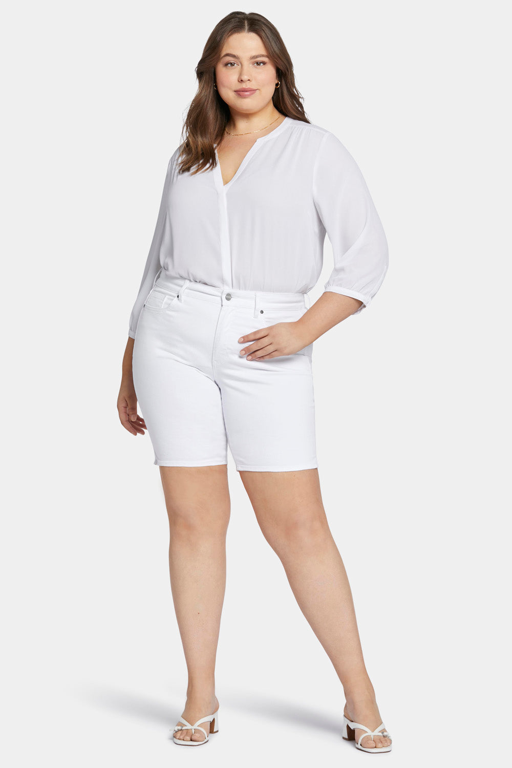 Ella Plus Size Denim Shorts for Women - High Waisted Stretch Comfort Fit in Optic White | Casual Summer Outfits & Beachwear