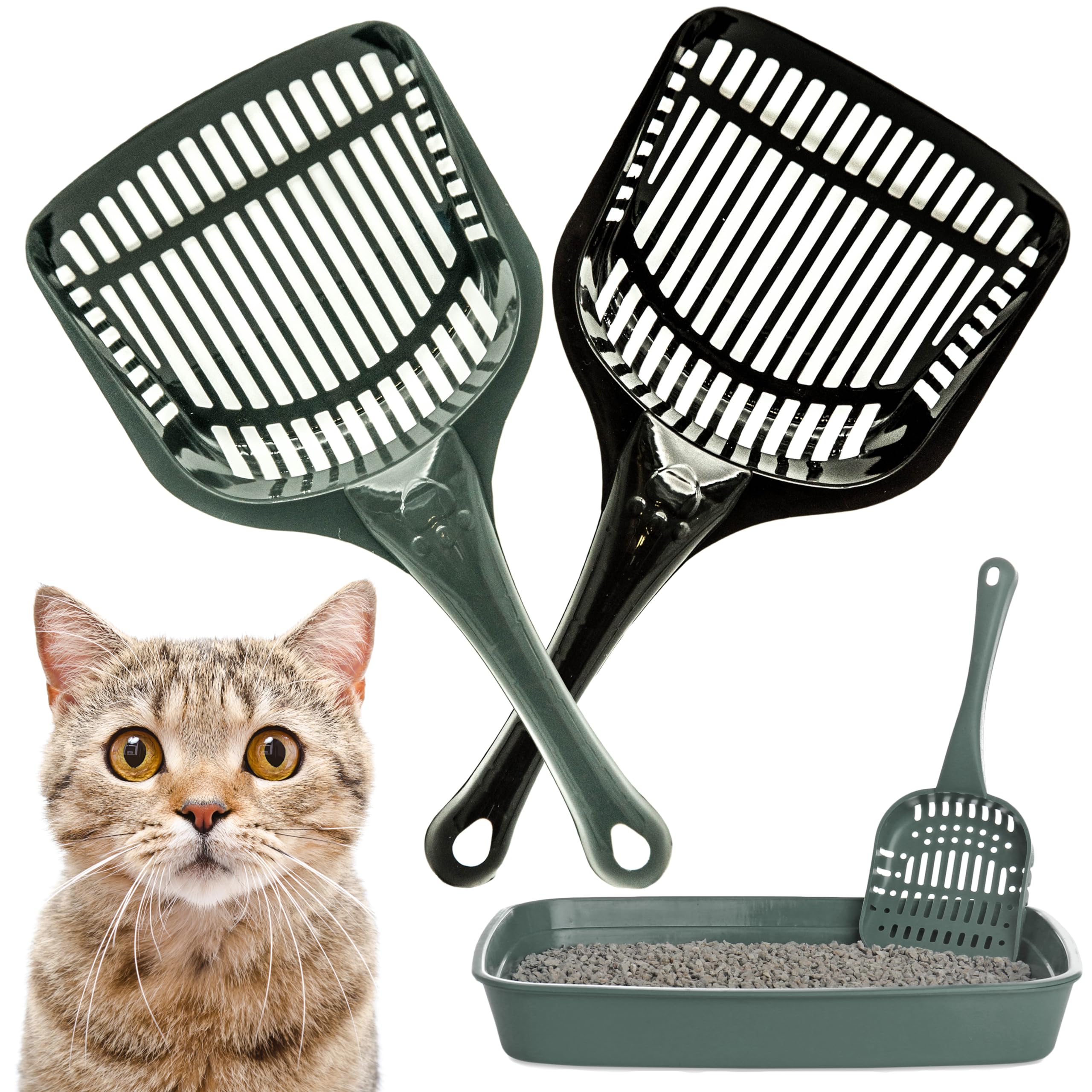 Petopedia 2-Pack Cat Litter Scoop Set - Durable Plastic Litter Shovel with Sand Sifter, Lightweight Poop Scoop for Easy Cleaning (Black & Grey) - Perfect for Litter Box Maintenance & Multi-Cat Households