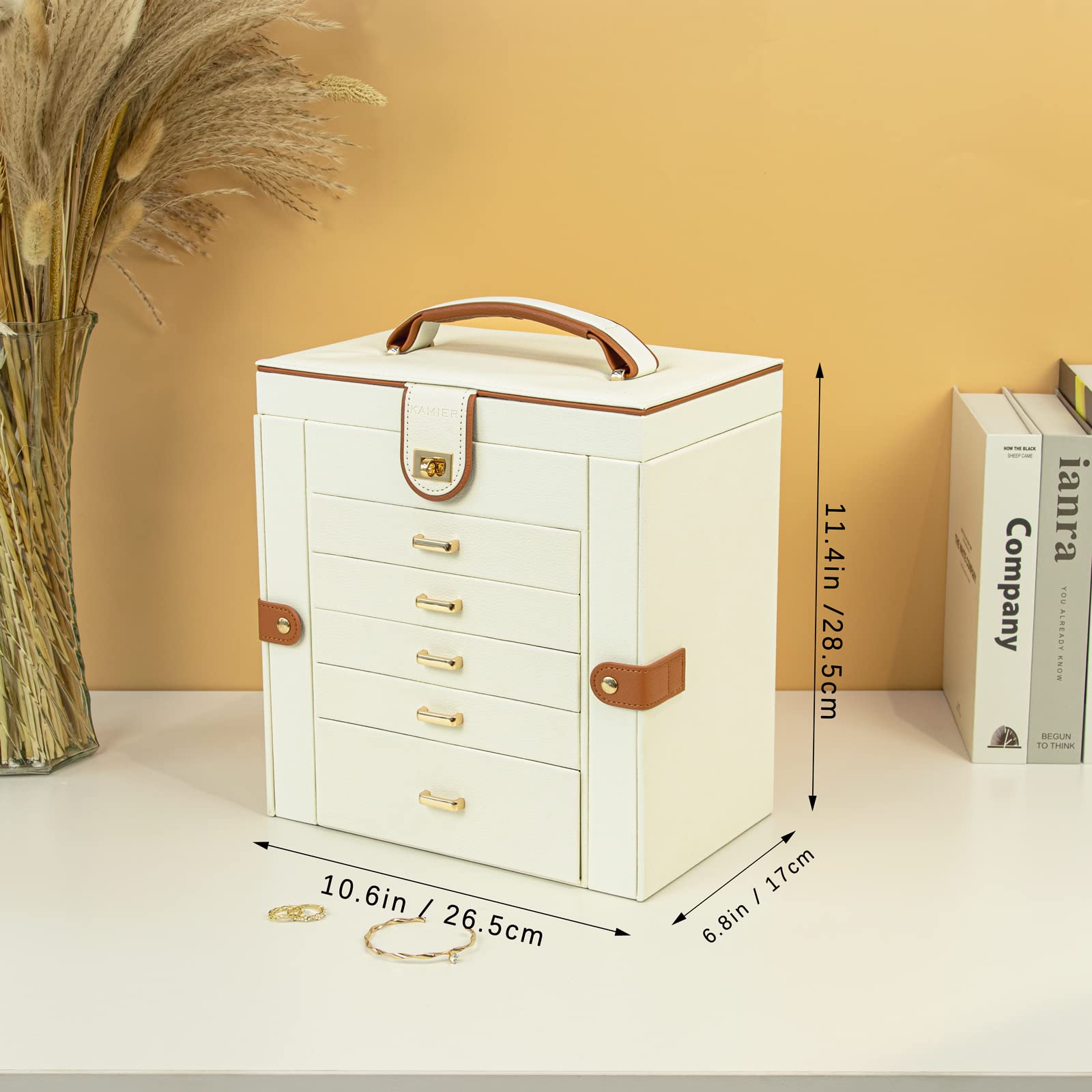 KAMIER 6-Layer Large Jewelry Box Organizer with Mirror & 5 Drawers - White Jewelry Storage for Women | Perfect for Rings, Earrings, Necklaces & Bracelets | Ideal for Bedroom Vanity, Travel & Gift Giving