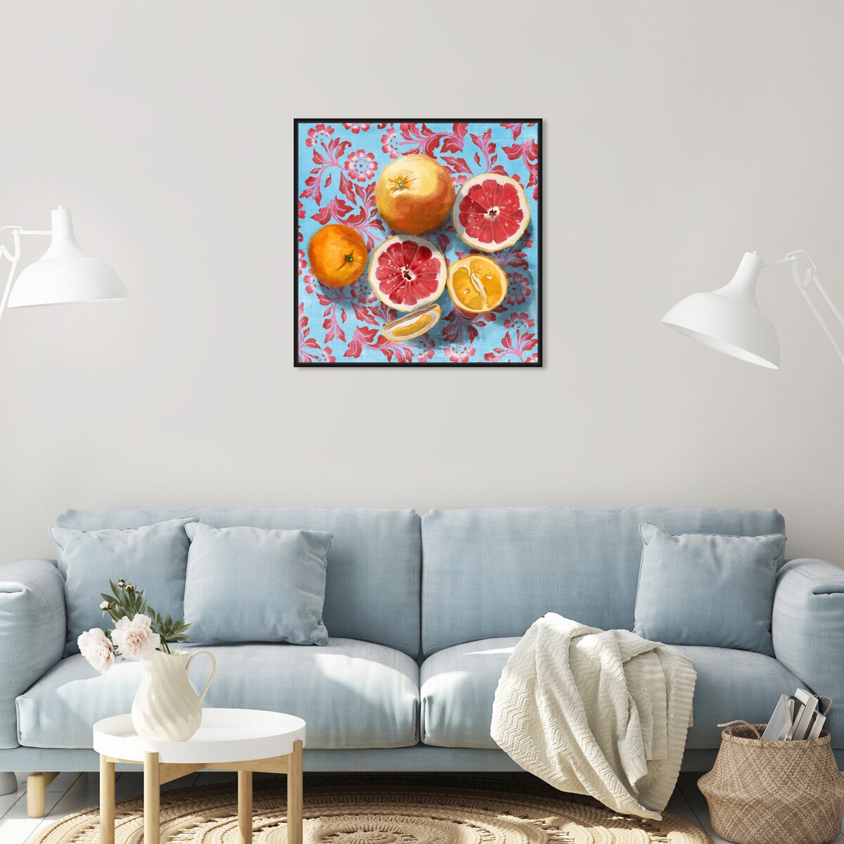 Tropical Citrus Still Life Blue Framed Canvas Wall Art Print - Sour Fruit Kitchen Decor for Cabin & Lodge - Perfect for Farmhouse, Dining Room & Country Style Homes