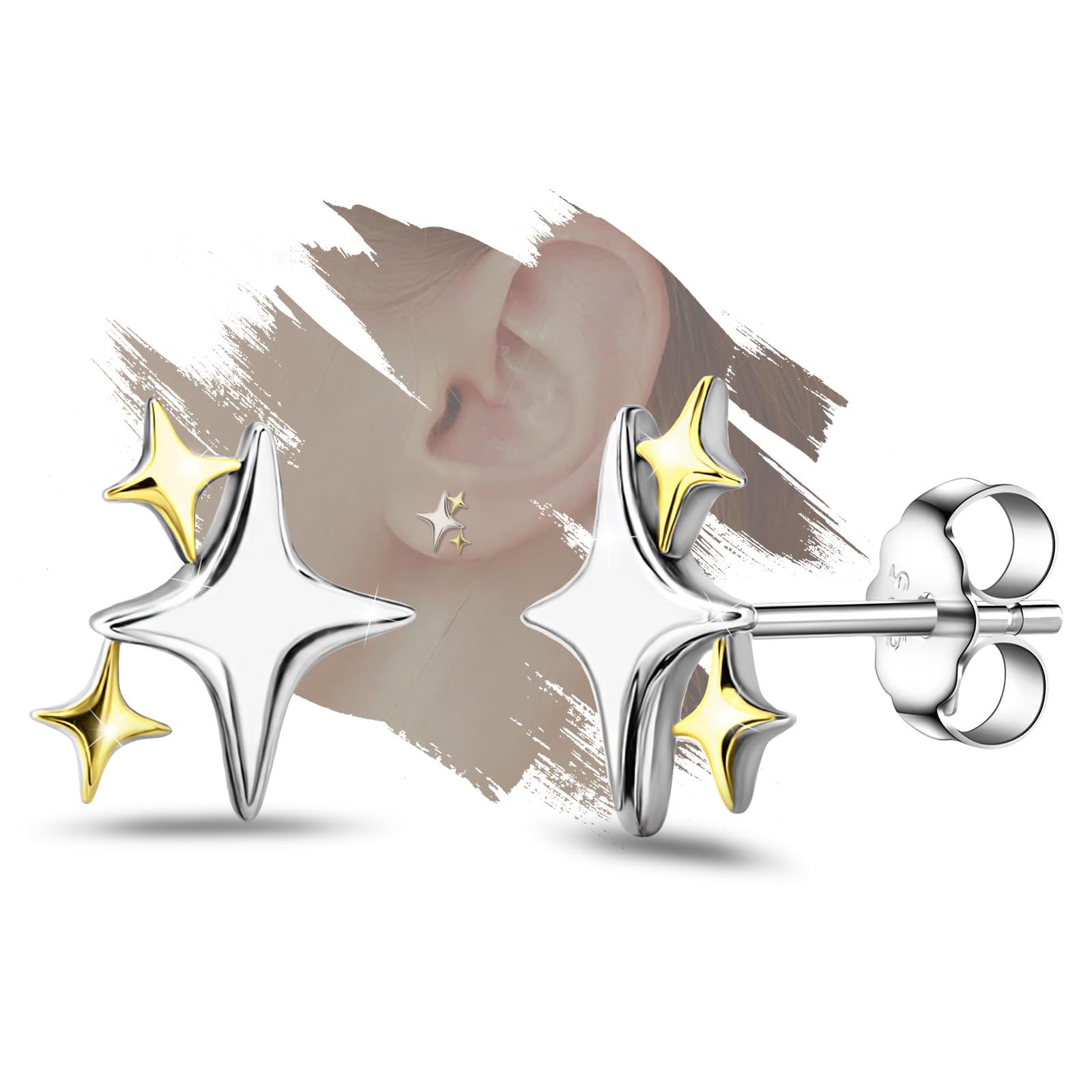 Hypoallergenic Sterling Silver Two-Tone Star Stud Earrings for Women & Teens - Minimalist Star Shaped Post Earrings for Sensitive Ears - Perfect Christmas & Birthday Gift for Her - Everyday Wear & Special Occasions