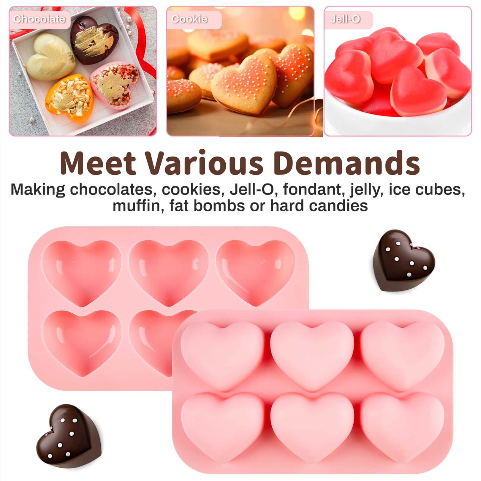 JOERSH 3-Piece Heart Silicone Molds Set - Non-Stick Baking Molds for Chocolate, Candy, Cake, Pudding, Jelly & Soap Making - Perfect for Valentine's Day Gifts, DIY Crafts & Home Baking Decorations