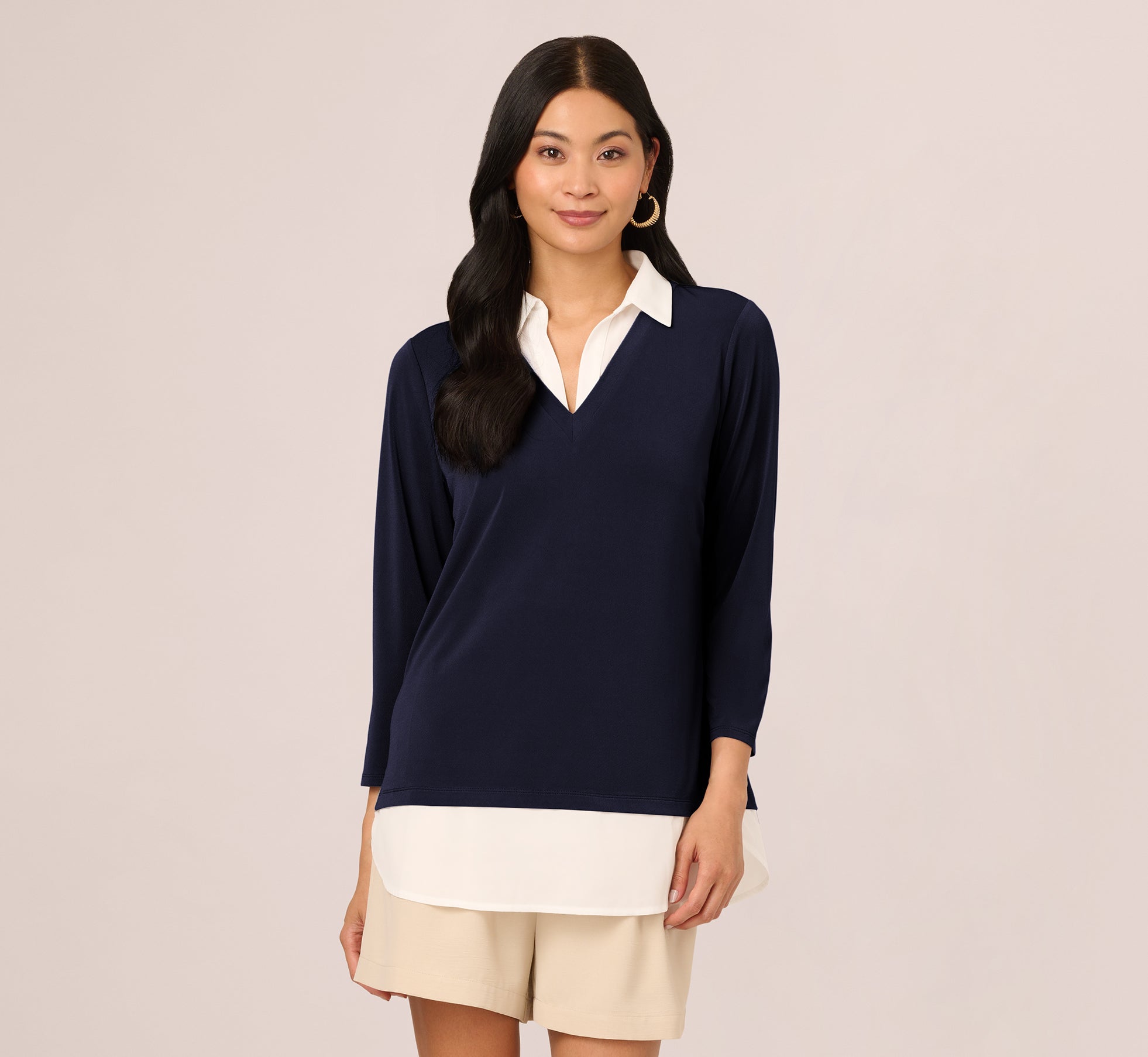 Navy & Ivory Twofer Sweater with Three-Quarter Sleeves and Collar | Women's Casual Pullover for Office, Date Night & Fall Layering